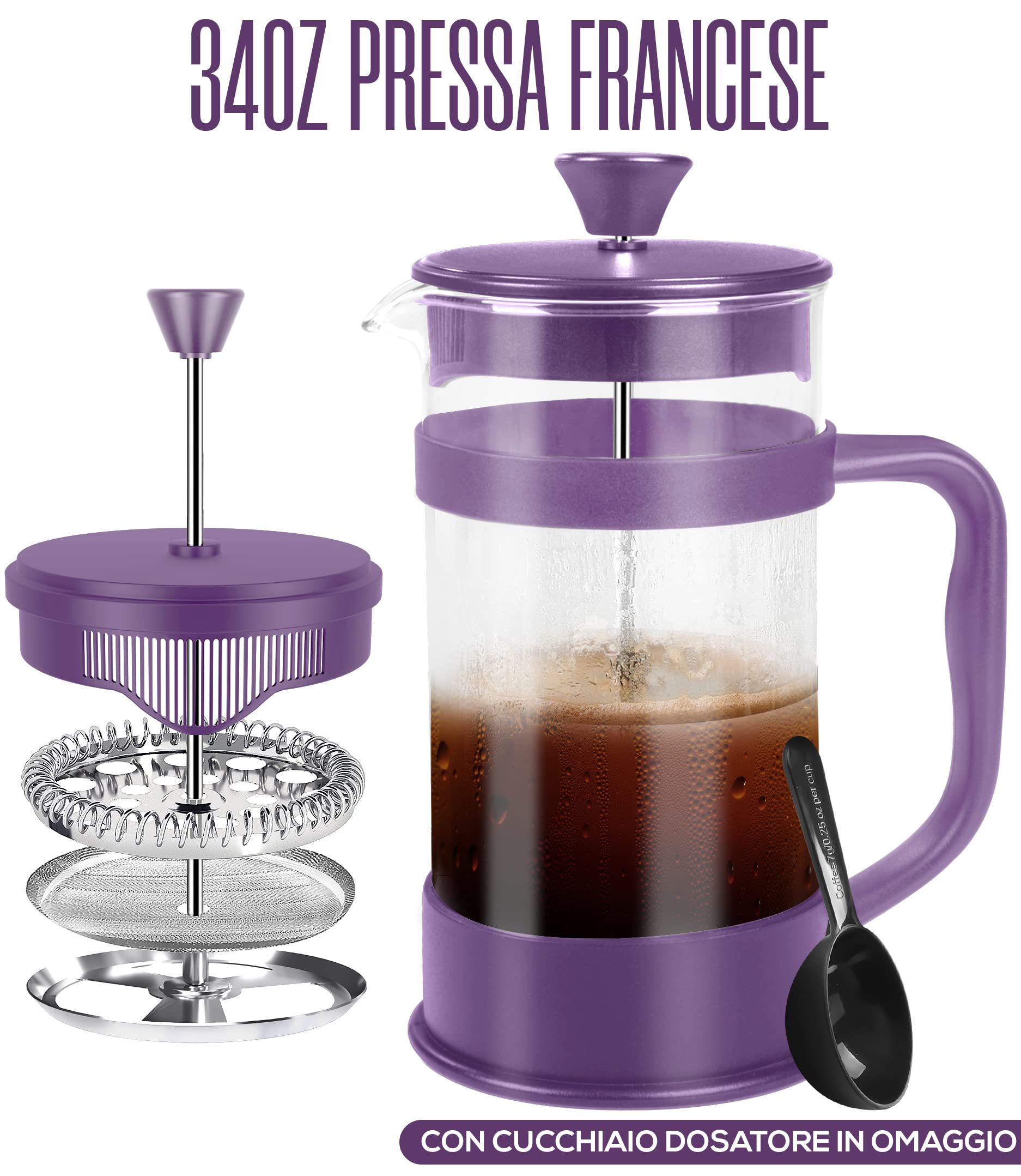 KICHLY French Press Macchina Caffe', Macchina per Espresso e te' con tripli filtri, vetro resistente al calore con stantuffo in acciaio (1000 ml, Prugna)