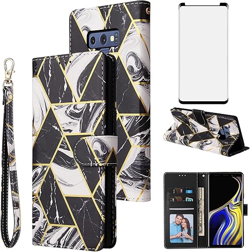 Asuwish Compatible con Samsung Galaxy Note 9 - Funda tipo cartera y protector de pantalla de vidrio templado, funda de cuero con tapa para