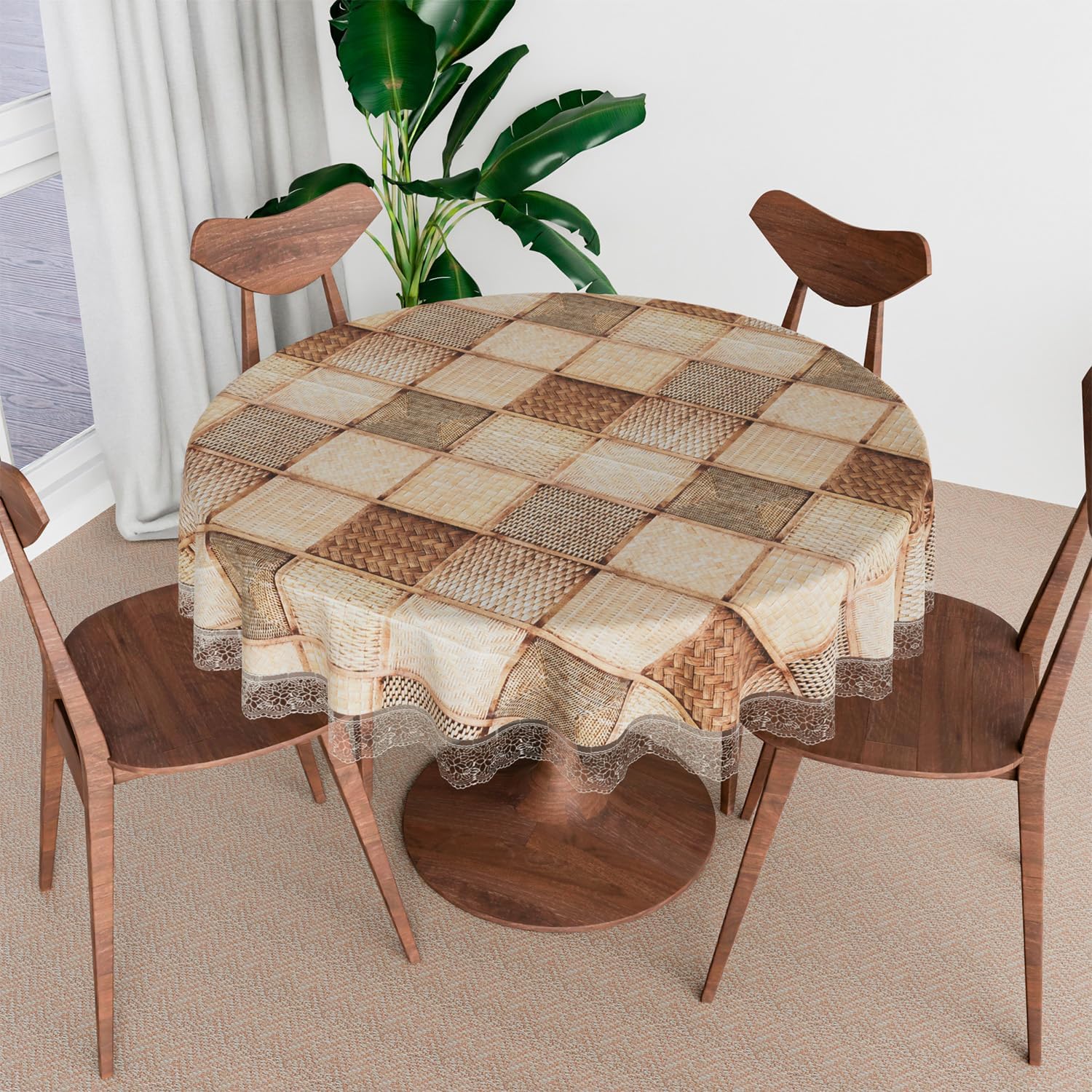 MANUFACTORY Round 2 Seater Dining Table Coffee Table Cover 50 Inches Diameter Brown Box Pattern Brown-image-40