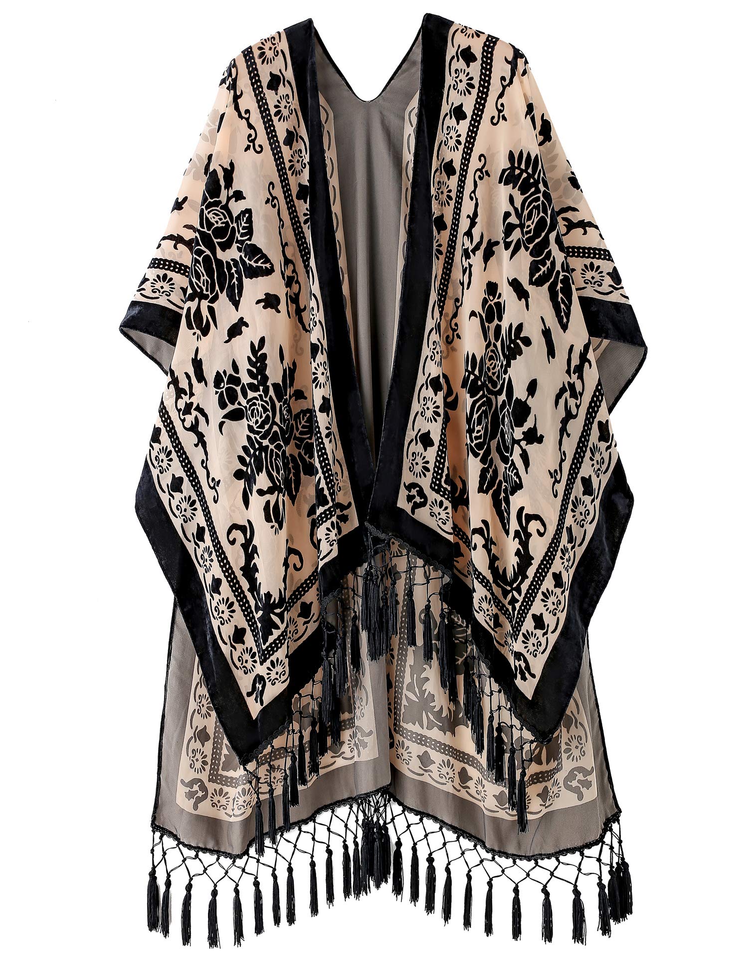 MJ SERECA Women's Burnout Velvet Kimono Long Cardigan Cover Up with Tassel Black