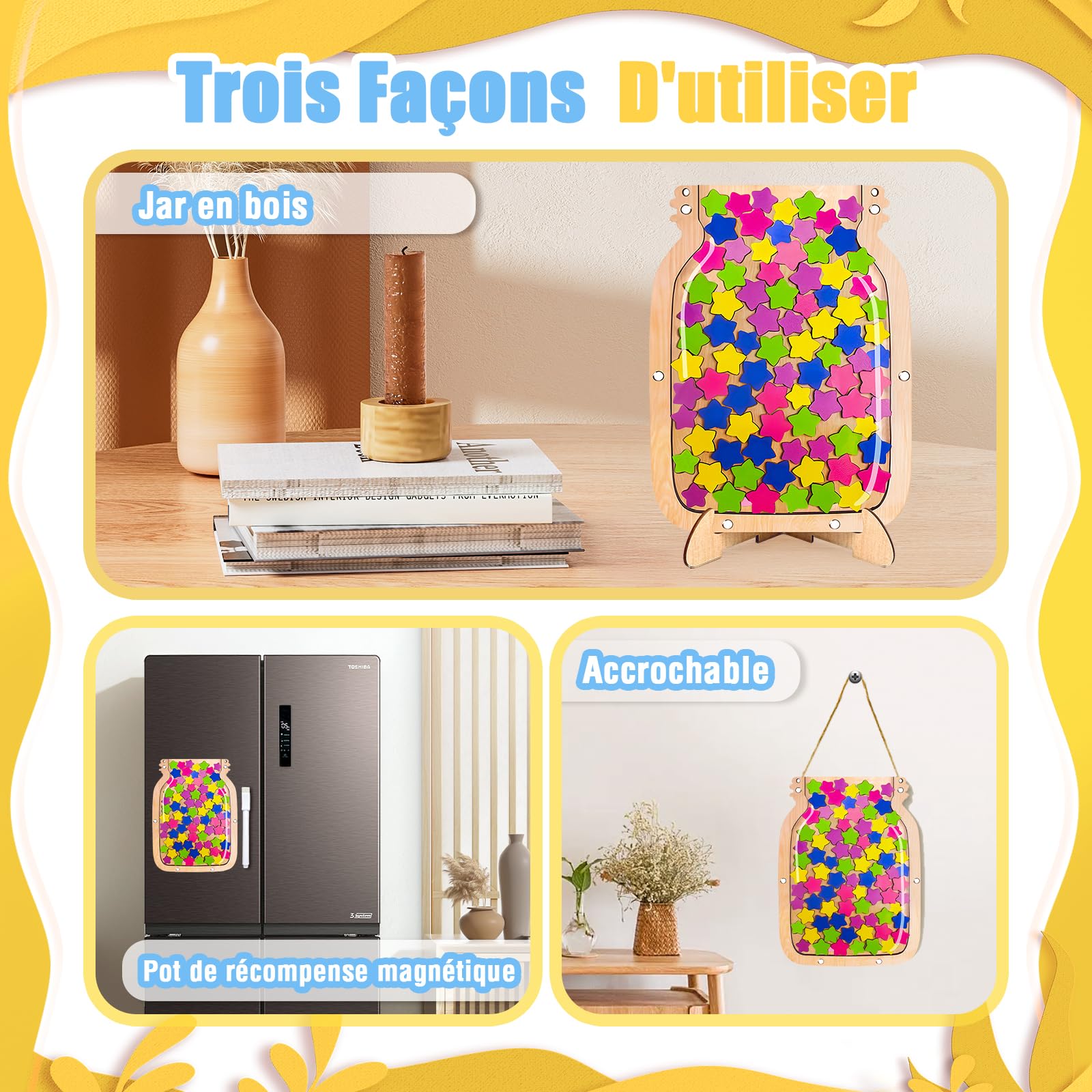 Star Reward Jar - Bocal de Récompense Étoile en Bois Magnétique pour Enfants, Pot de Récompense pour Apprentissage de la Propreté et Motivation en Classe ou à la Maison