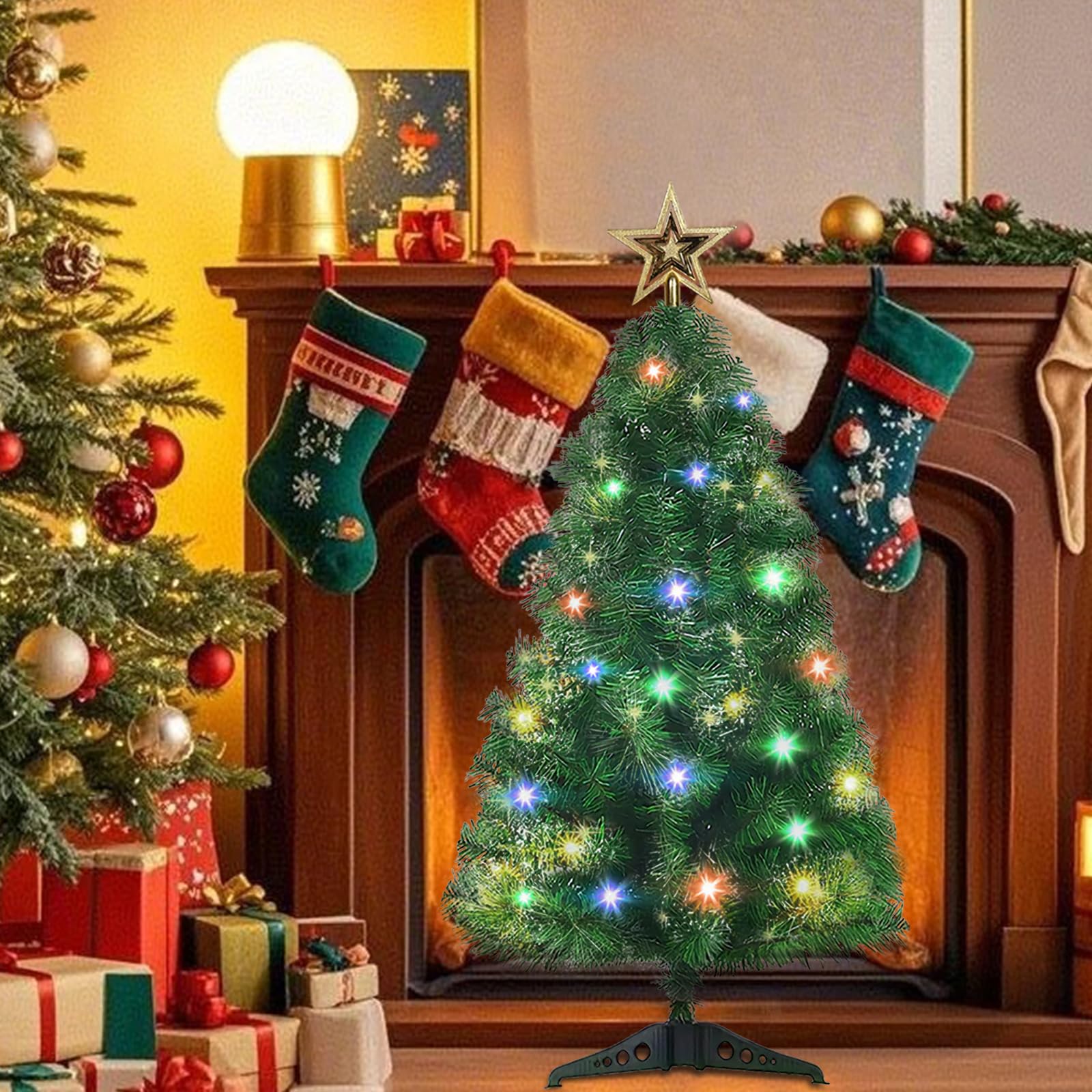 Mini sapin de Noël artificiel de table de 0,9 m avec 140 branches et lumières, petit sapin de Noël pour appartement, bureau, décoration de fête, vert
