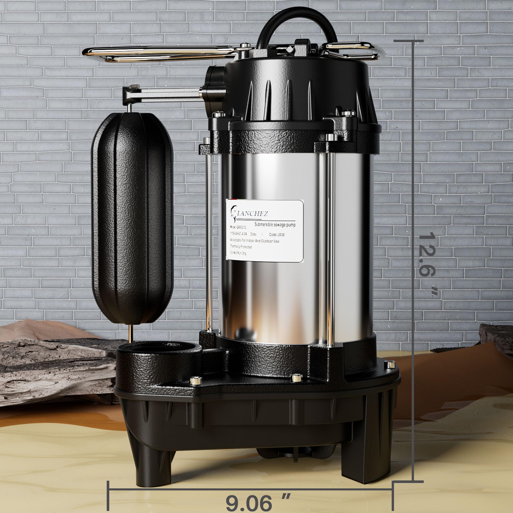 Lanchez Pompa sommergibile in ghisa e acciaio inossidabile 1/2 HP con interruttore a galleggiante verticale integrato, 5200 GPH, robusta pompa per acque reflue nel seminterrato,