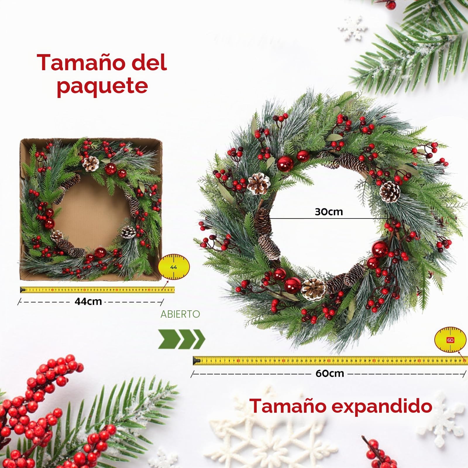 Weldomcor Corona de Navidad 60cm para Puerta - Corona De Adviento con Piñas, Pino, Agujas y Bayas para Hogar, Ventana, Pared y Fiestas