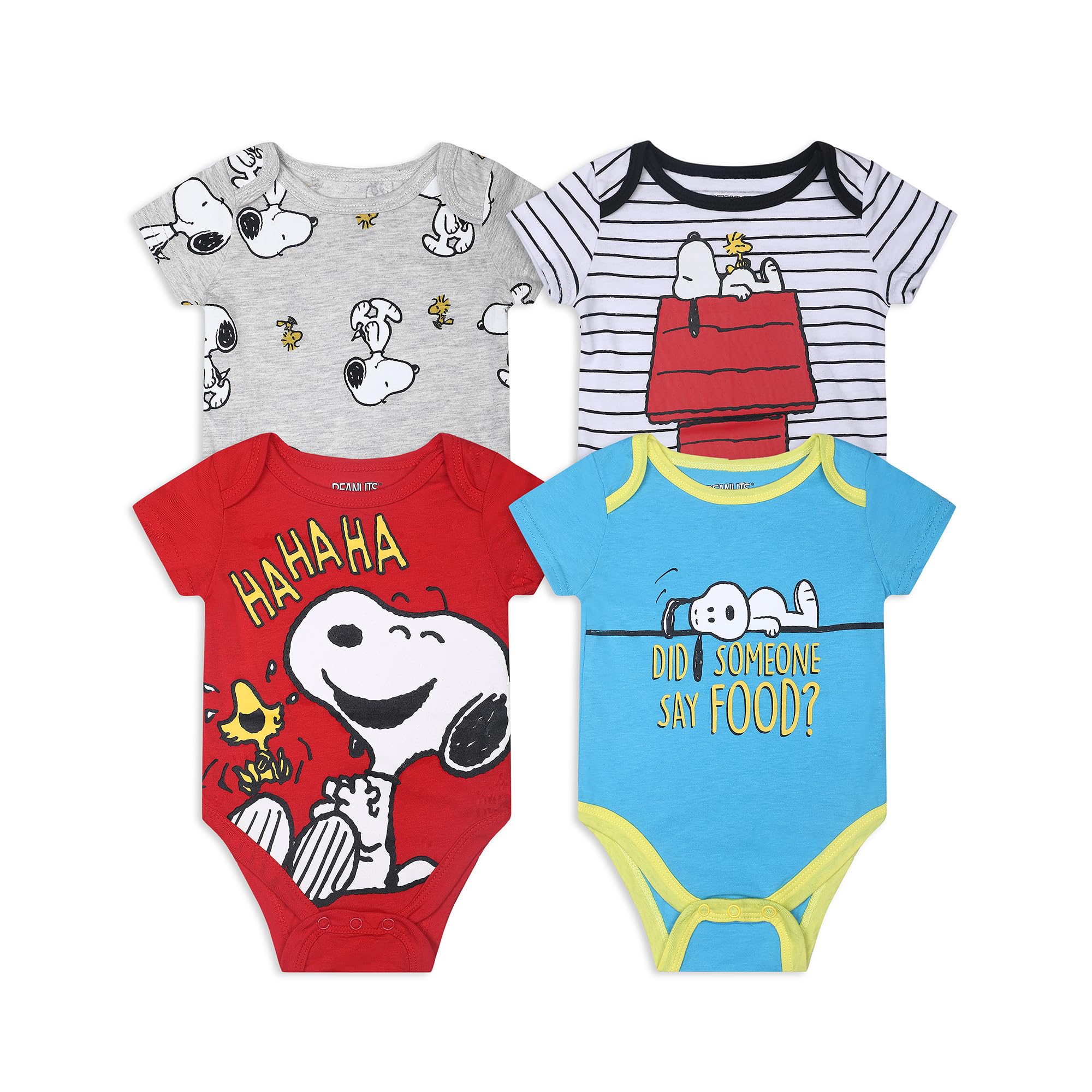 Peanuts Snoopy Boys 4 Pack Short Sleeve Bodysuit for Newborn and Infant