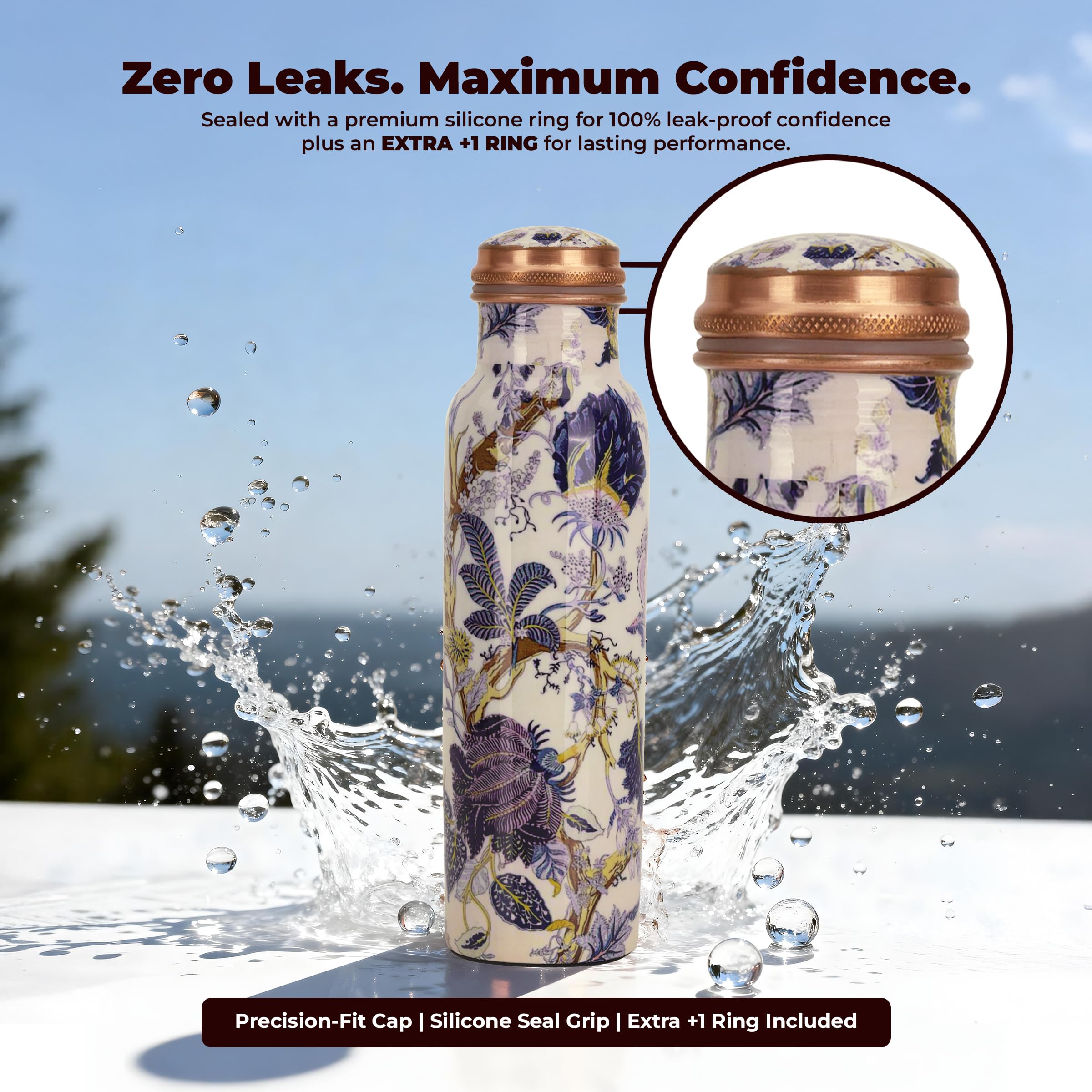 Wasserflasche aus reinem Kupfer (groß), handgefertigt, auslaufsicherer Deckel; ideal für Reisen, Fitnessstudio, Büro, Wandern, Outdoor-Aktivitäten und Yoga – 2 Stück