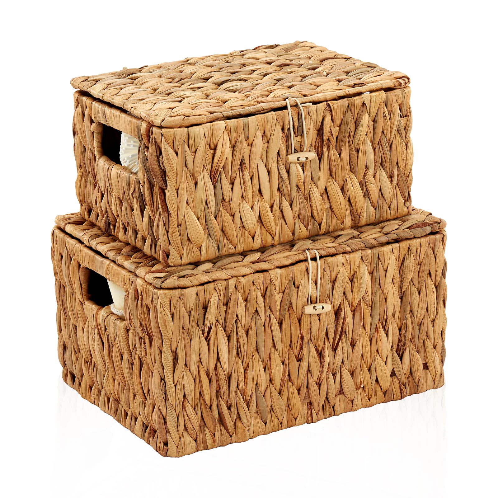 Wicker Basket with Lid, Water Hyacinth Storage Baskets for Shelves, Large & Small Storage Basket with Lid and Built-in Handles, Hand Woven Hyacinth Baskets 2 Pack