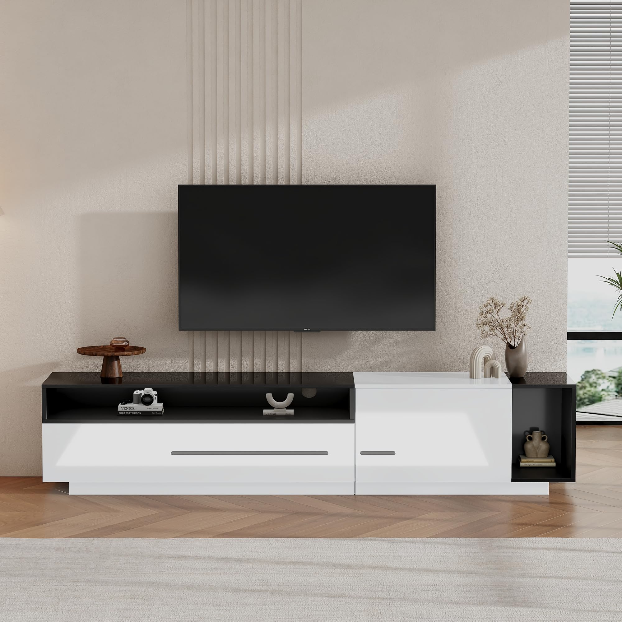 BTM Modern TV Stand with 1 Door, 1 Drawer and 2 Closed Storage Spaces, High Gloss TV Cabinet for TV up to 70 Inch,TV Table 170x38x42cm — image 1