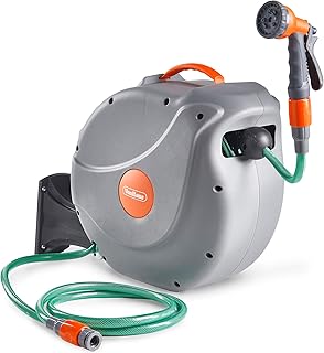 VonHaus Hose Reel 30m – Wall Mounted Hose Reel for Garden, Retractable, Auto Lock and Auto Rewind, Includes Wall Fixings and 8 Function Spray Gun, 180° Pivot Swivelling, Long Reach, Outdoor Watering