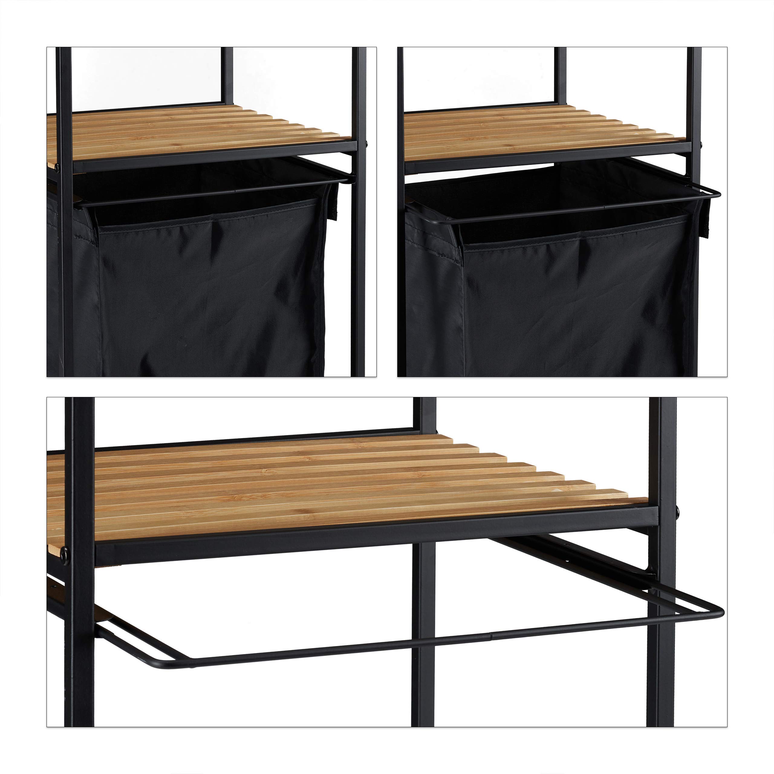Relaxdays Etagère sur Roues pour Bain, 2 Supports, Meuble avec Sac lessive, en métal, Bambou HlP: 89,5 x 39 x 32,5 cm,