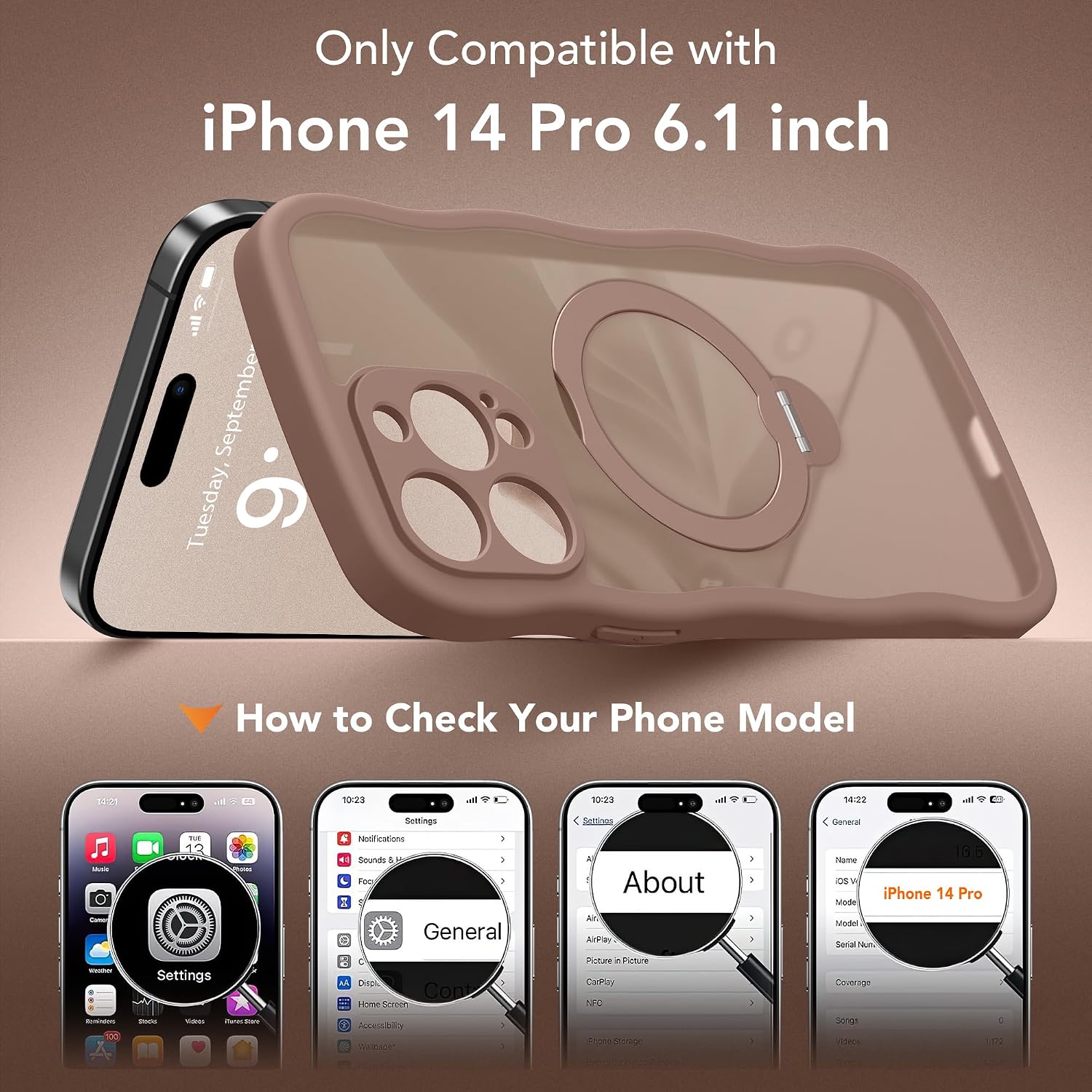 GolbinBox for iPhone 14 Pro Case for Women,[Compatible with Magsafe][360° Spin Magnetic Stand][Cute Wave Edge][Military-Grade Protection] Translucent Matte Phone Case for iPhone 14 Pro, Brown
