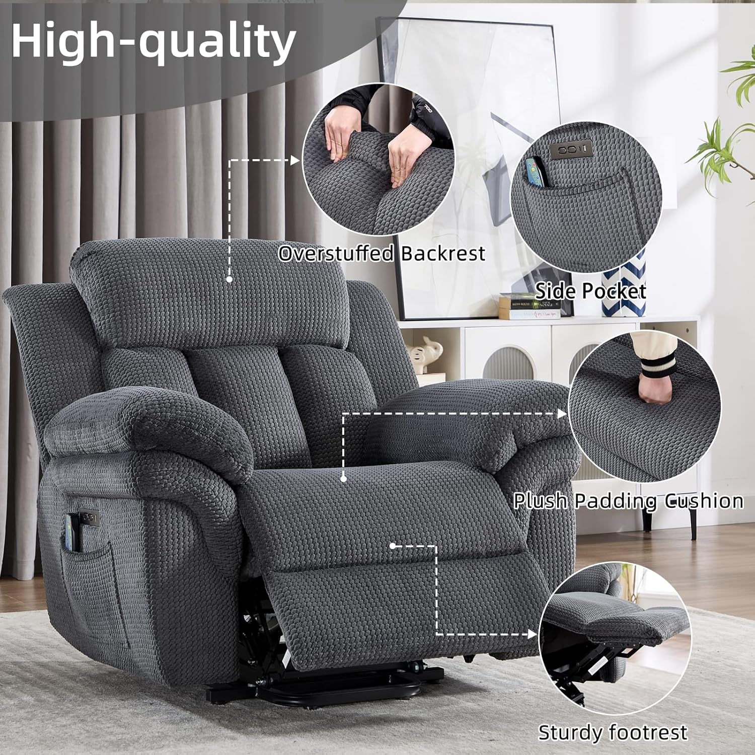 CANMOV 46" Wide Oversize Power Lift Recliner Chair, Extra Large Electric Lift Recliners for Elderly Big, Stand Up Recliner Chair with Massage and Heat, USB and Type-C Ports, Grey