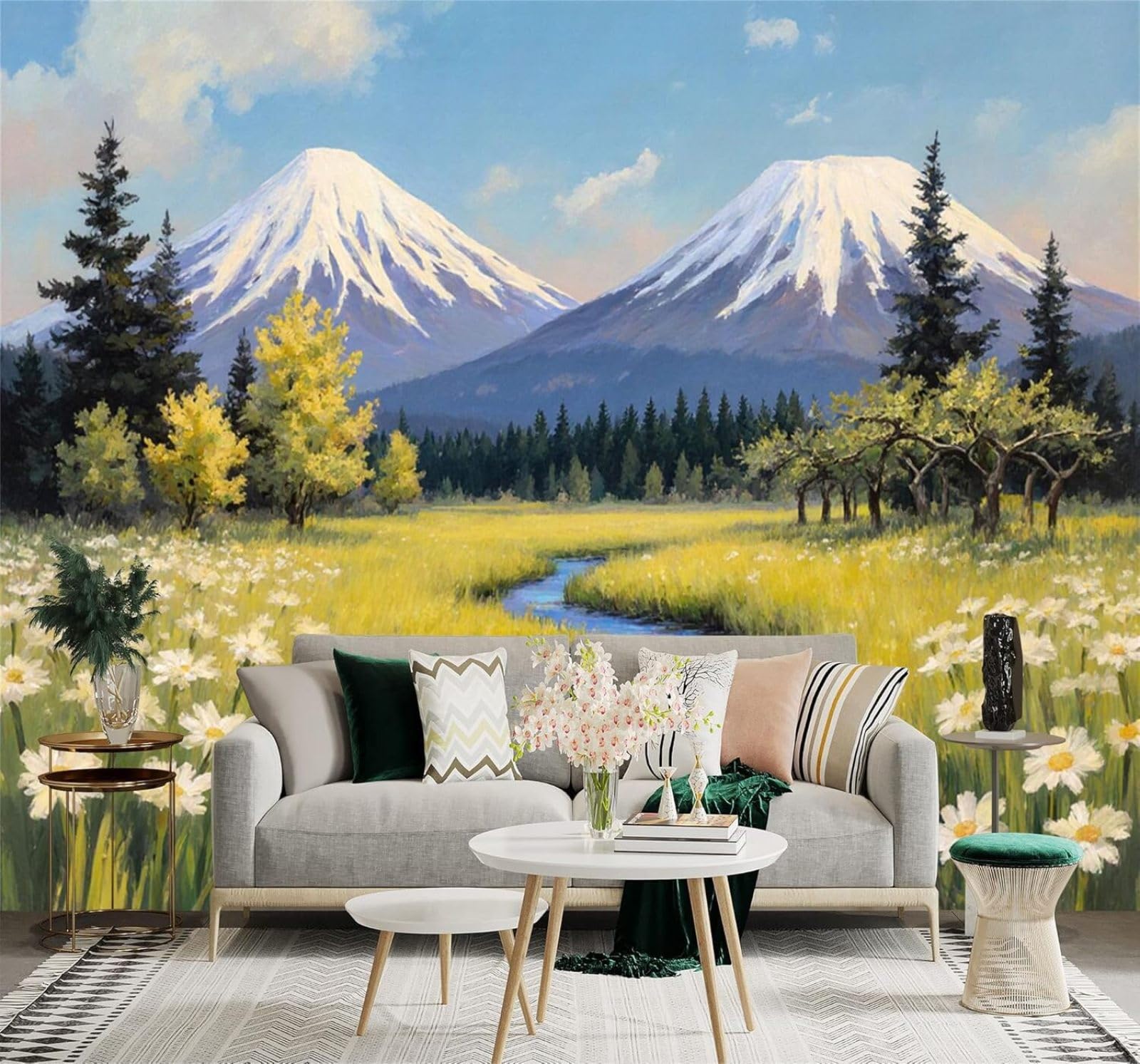 Snow Capped Mountains Meadows Wildflowers A Winding Stream Forest Scenery 3D Wallpaper Creative Modern Decoration Murals Home Decor Study Living Room Bedroom Sofa Background-430cm×300cm