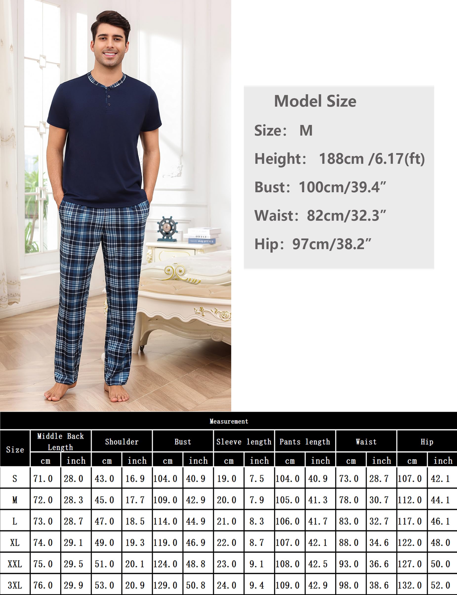 Aseniza Pigiama Uomo Top Girocollo a Maniche Corte e Pantaloni Lunghi a Quadri Pigiama da Due Pezzi Abbigliamento da Casa Comodo S-3XL
