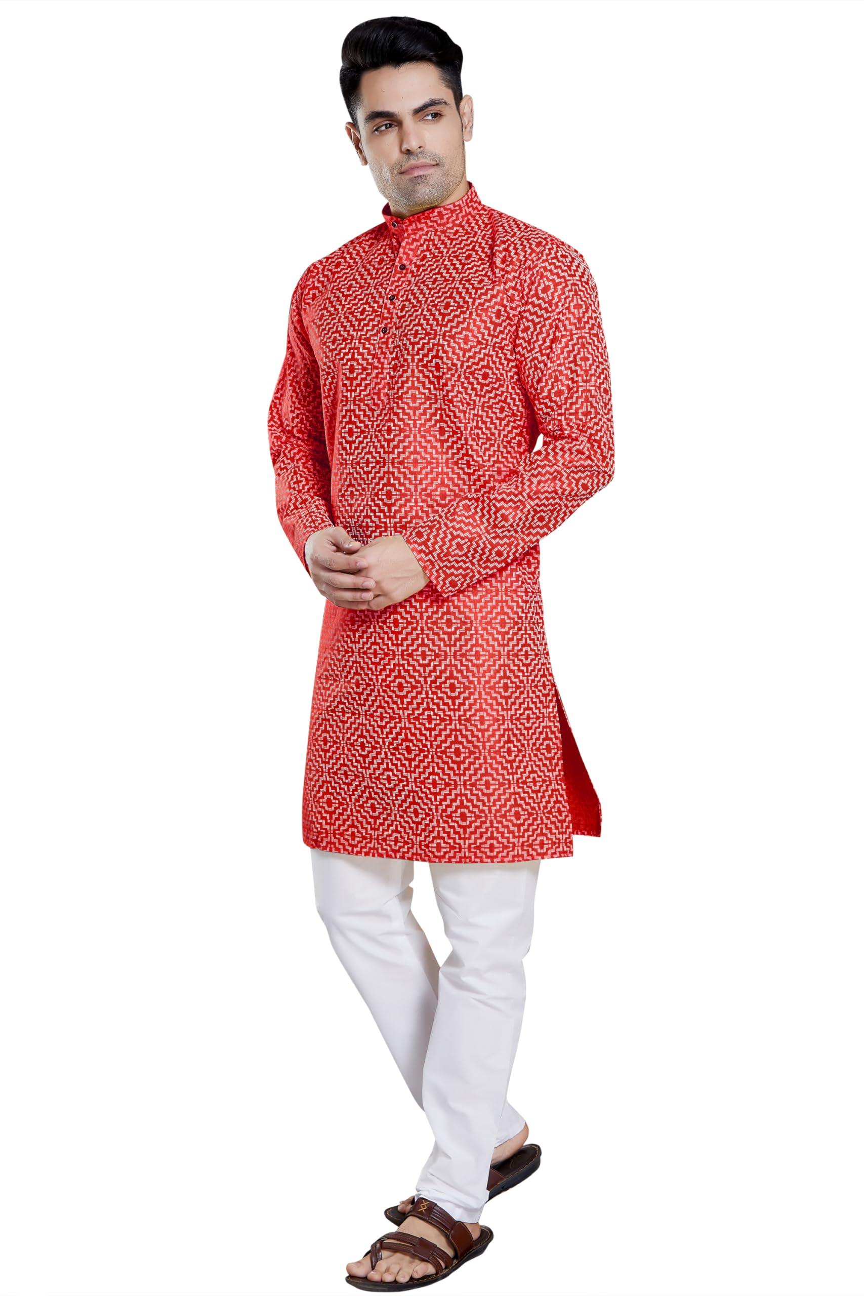 Divisive Men's Khaddi Printed Cotton Blend Slim Fit Kurta Pyjama Set (Dkrt99_M_Red)