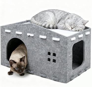 Cat House for Indoor Cats, Cats Bed House-Shape, Cat Hideaway Creative Kitten Cave Peekaboo Kittens Condos Support up to 13 lb, Grey