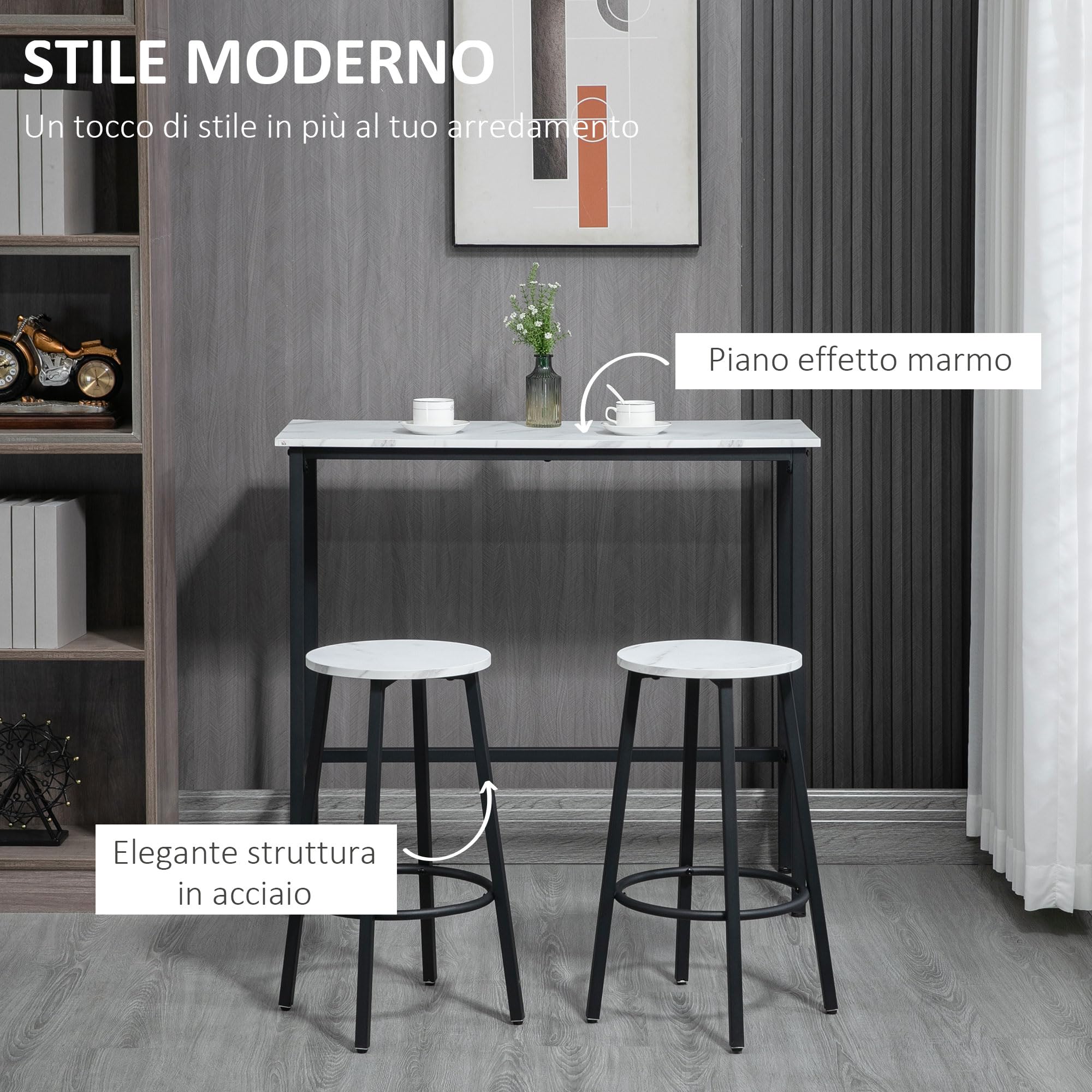 HOMCOM Set Tavolo e Sedie 3 Pezzi in Truciolato, MDF e Acciaio con Tavolo Rettangolare e 2 Sgabelli da Bar per Soggiorno e Sala da Pranzo, Bianco e Nero