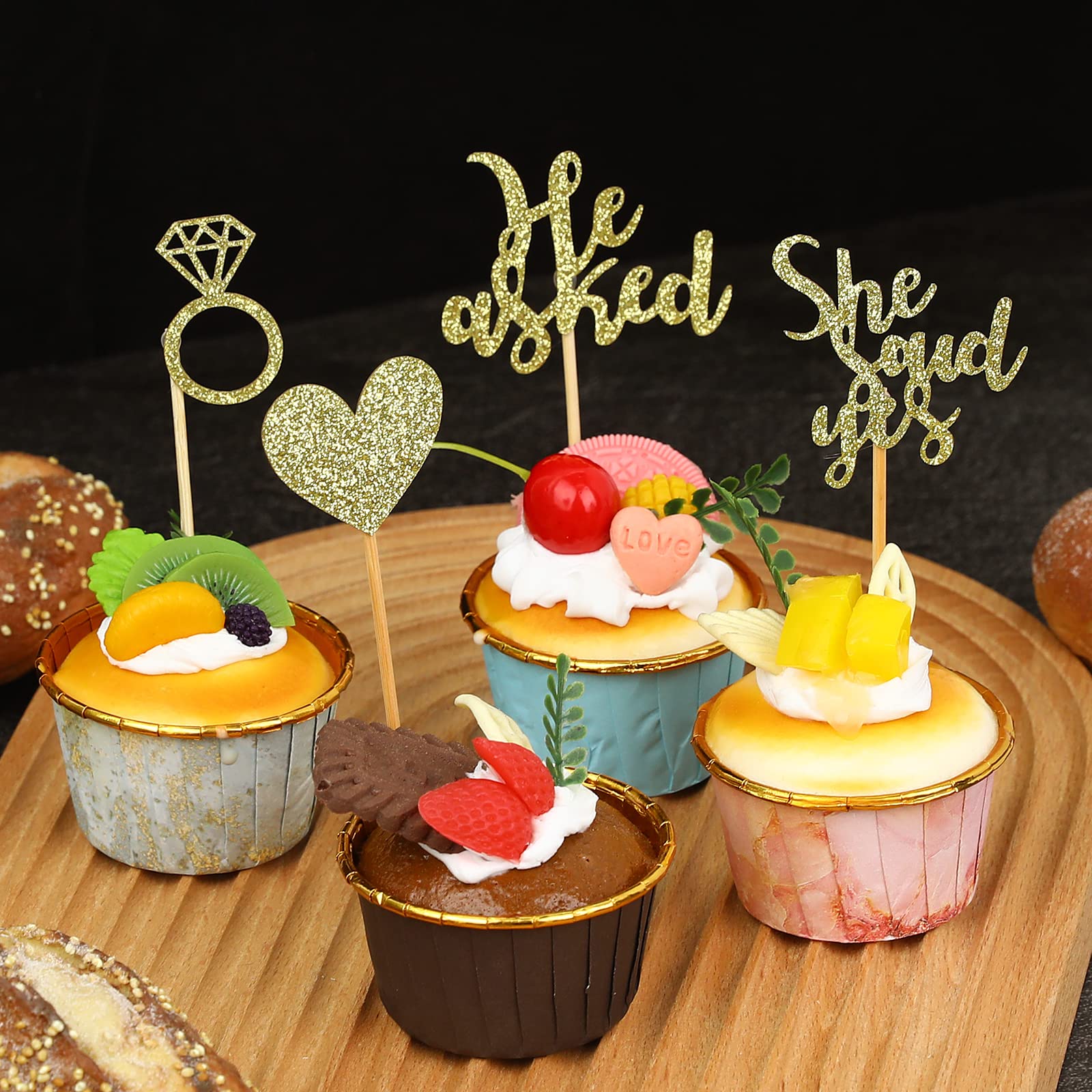 30-Pc 'He Asked She Said Yes' Cupcake Toppers - Glitter Engagement Party Decor, Pink