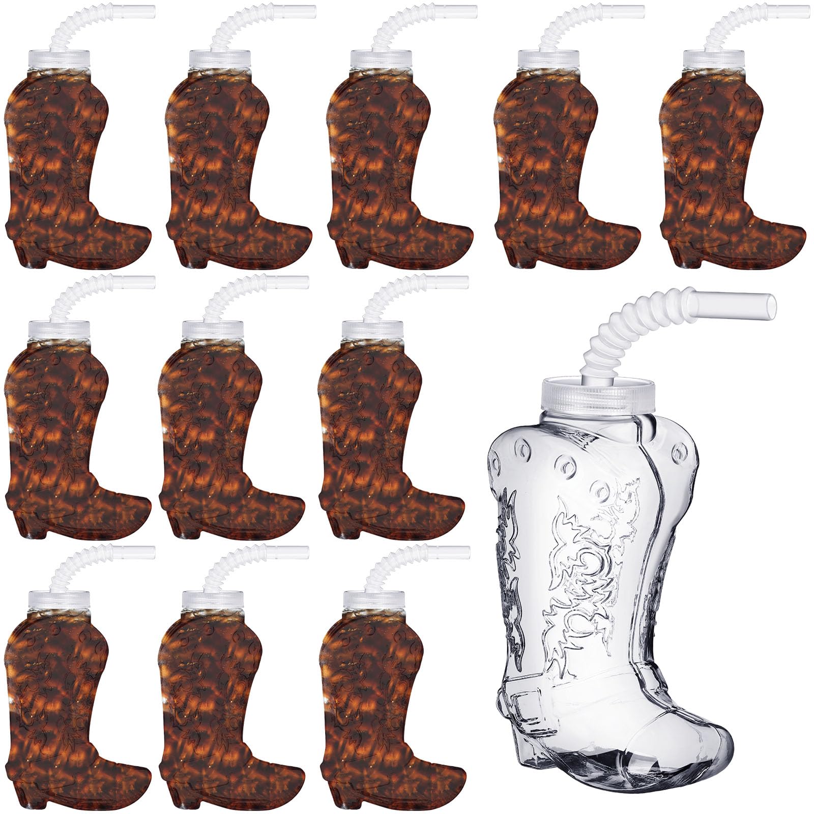 Hoolerry 12 Pcs Transparent Cowboy Boot Party Plastic Cups with Straws and Lids 17 Ounces Plastic Cowboy Cups for Western Themed Party Supplies and Rodeo Party Decorations