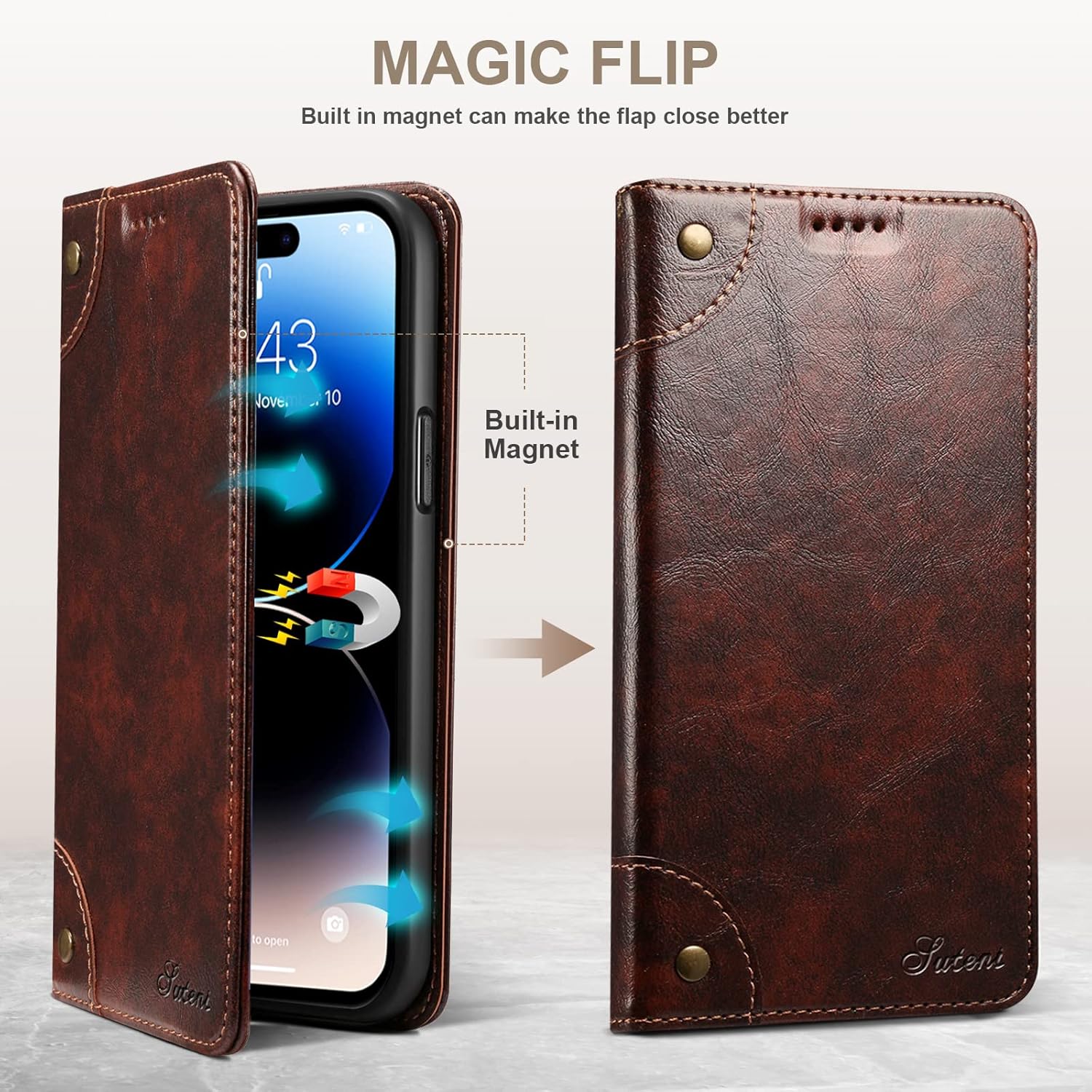 SINIANL Compatible with iPhone 15 Pro Max Case Wallet, Flip Cover with Magnetic Kickstand, Credit Card Holder, Leather Folio Case for iPhone 15 Pro Max Brown - Image 3