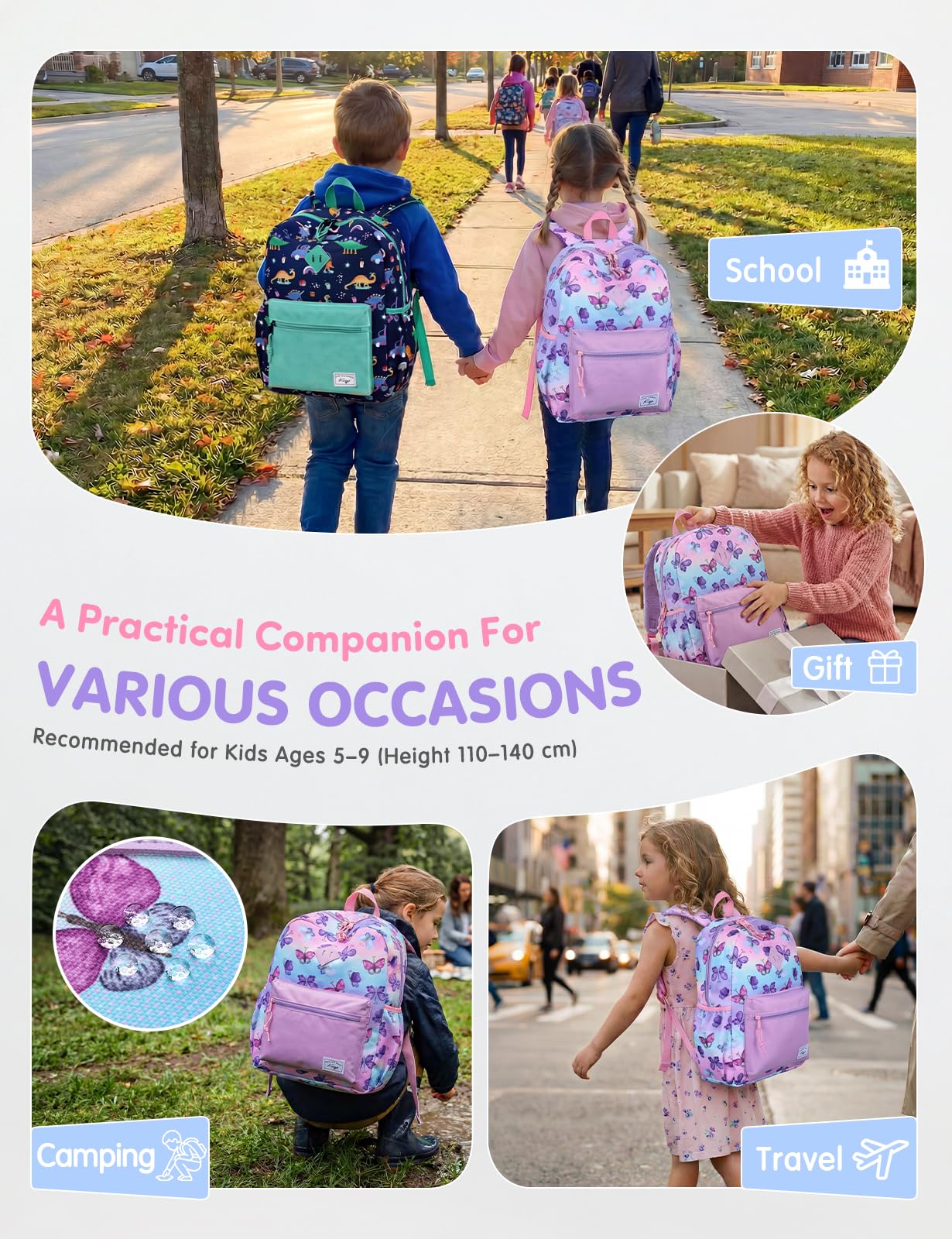 Cartable Fille Primaire, 13,2L Sacs à Dos Enfants Fille 6-8 Ans Imperméable Léger avec Sangle de Poitrine pour CP-CE2 Voyage Format A4 Papillon