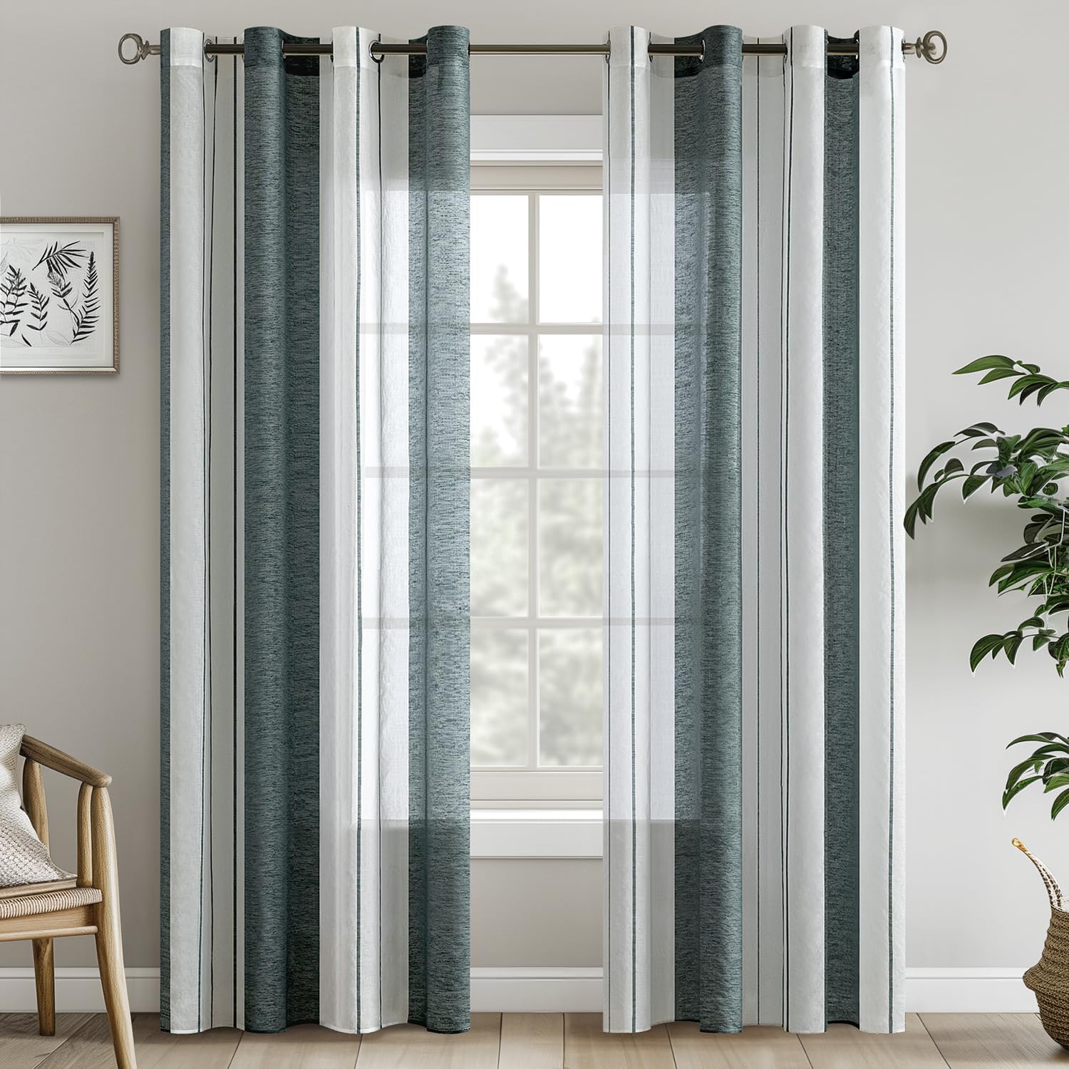 EMEMA Gardinen Gestreift Transparent mit Ösen Voile Vorhänge Wohnzimmer Modern 2er Set Vorhang Schlafzimmer Transparent mit Muster Vorhang Halbtransparent Streifen