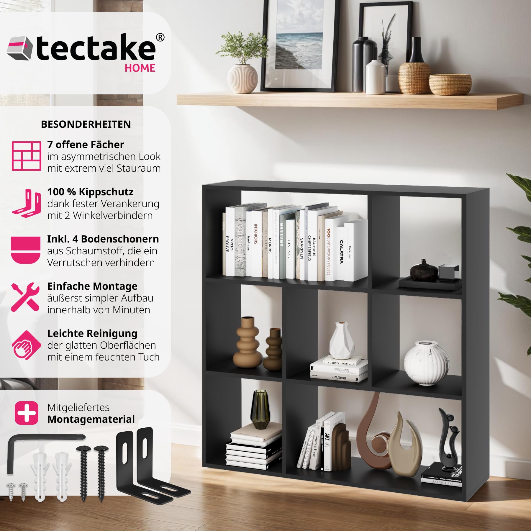 tectake® Bücherregal, Raumteiler, Schrank Regal als Raumteiler im Wohnzimmer, Trennwand Kinderzimmer, Schlafzimmer, Küche oder Garderobe, Würfelregal, Aufbewahrung Büro, Schuhregal (schwarz)