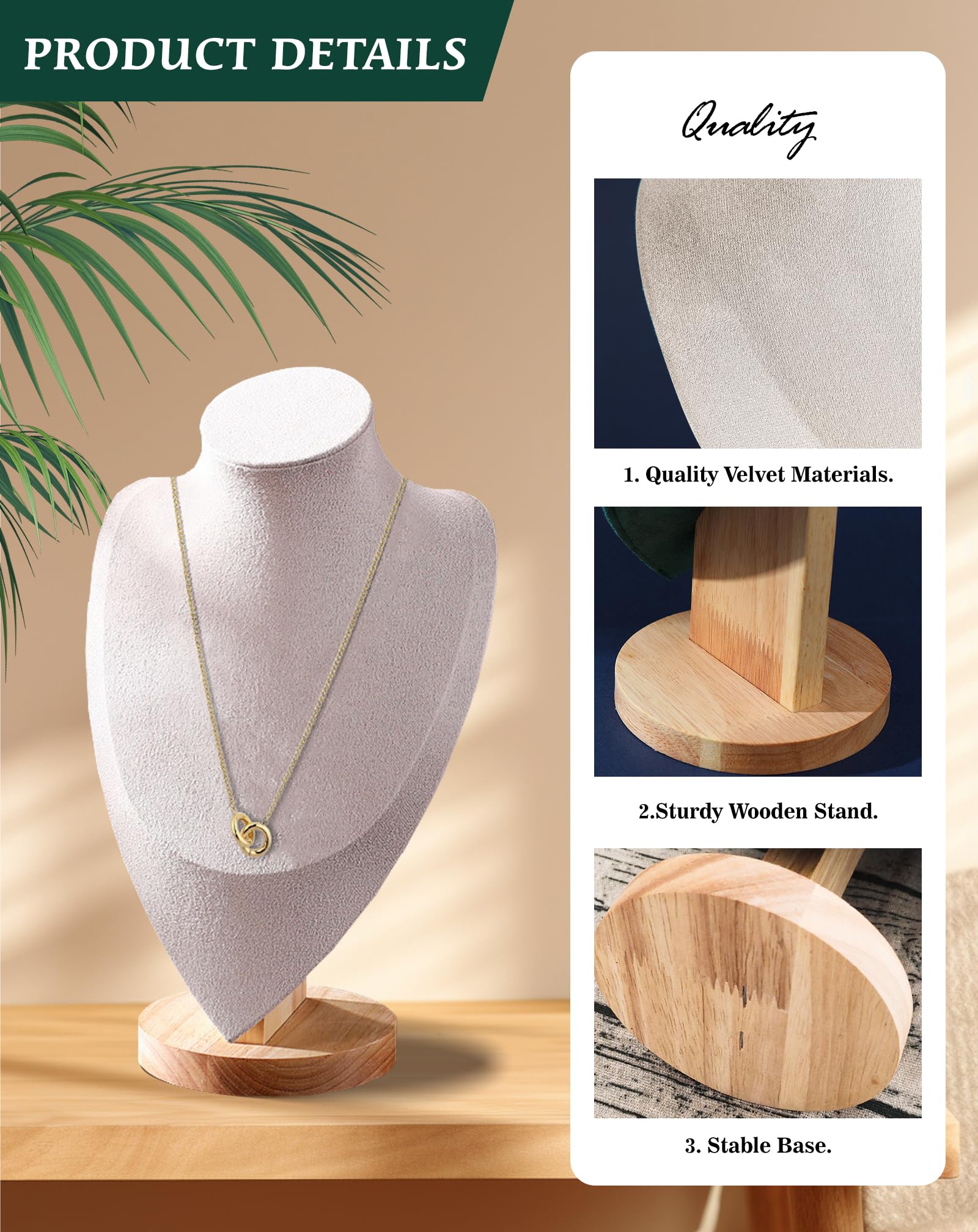 TINGSING Velvet Necklace Display Stand Jewelry Bust Display Stands with Wood Base Mannequin Necklace Pendant Chain Holder Organizer for Jewelry Showcase Boutiques - Image 4