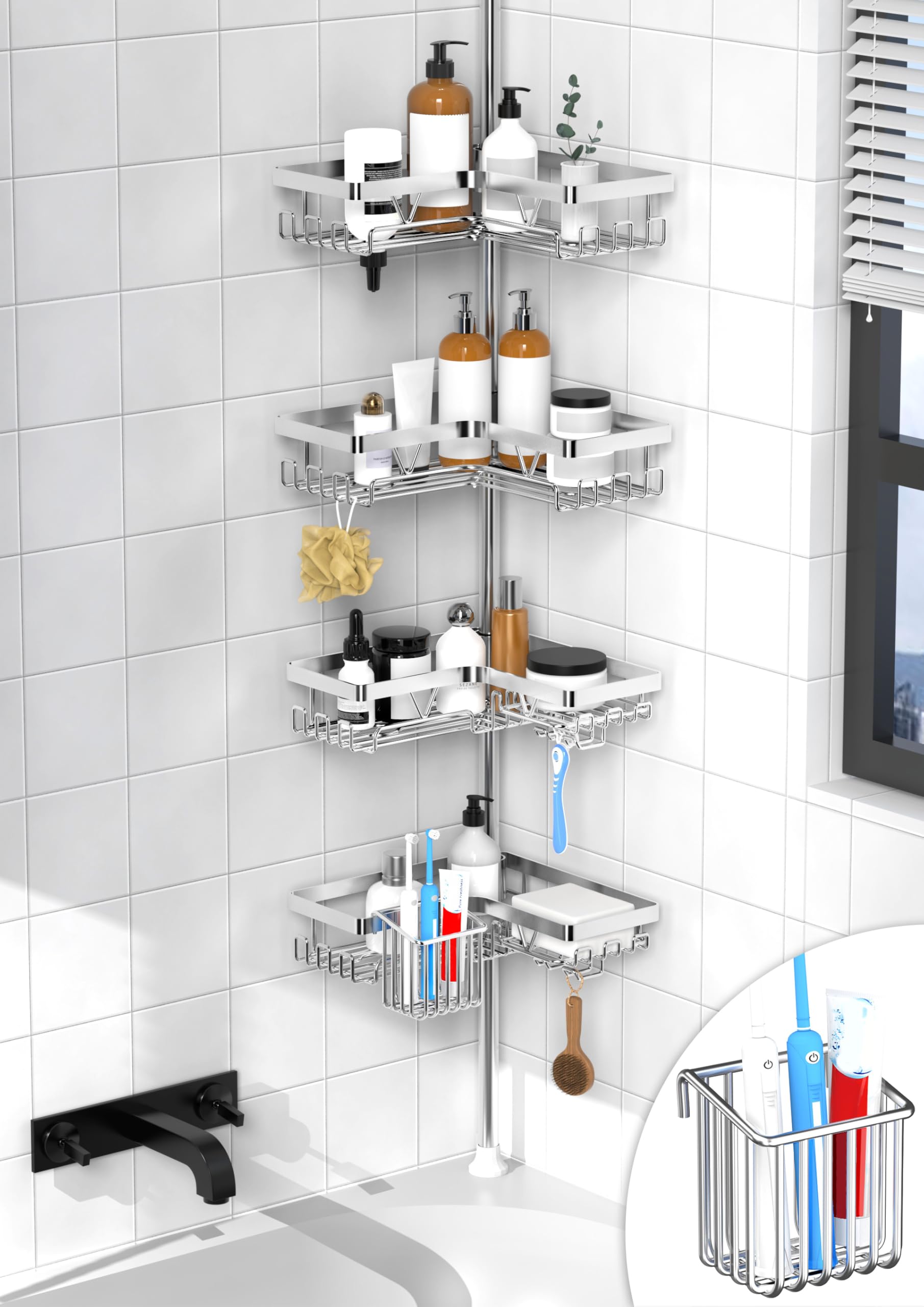 KEGII Estanteria Baño - Estanteria Telescopica Baño con 4 Estante Ducha, Soporte para Cepillos de Dientes, Ajustable 63.5-290 cm para Esquina o Bañera, Plata