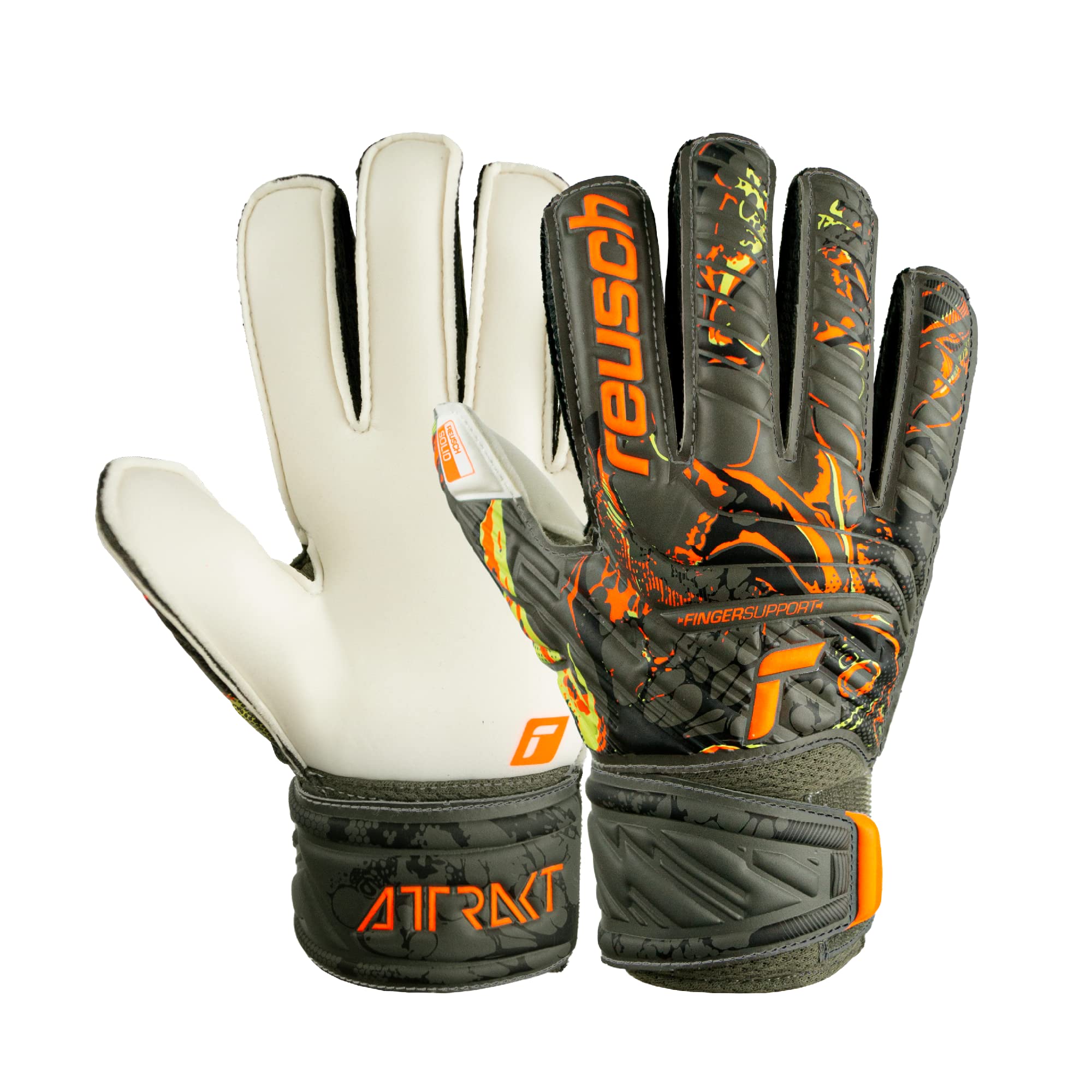 Reusch Attrakt Solid Finger Support Junior Goalkeeper Gloves, Desert Green/Shocking Orange, Size 6-image-1