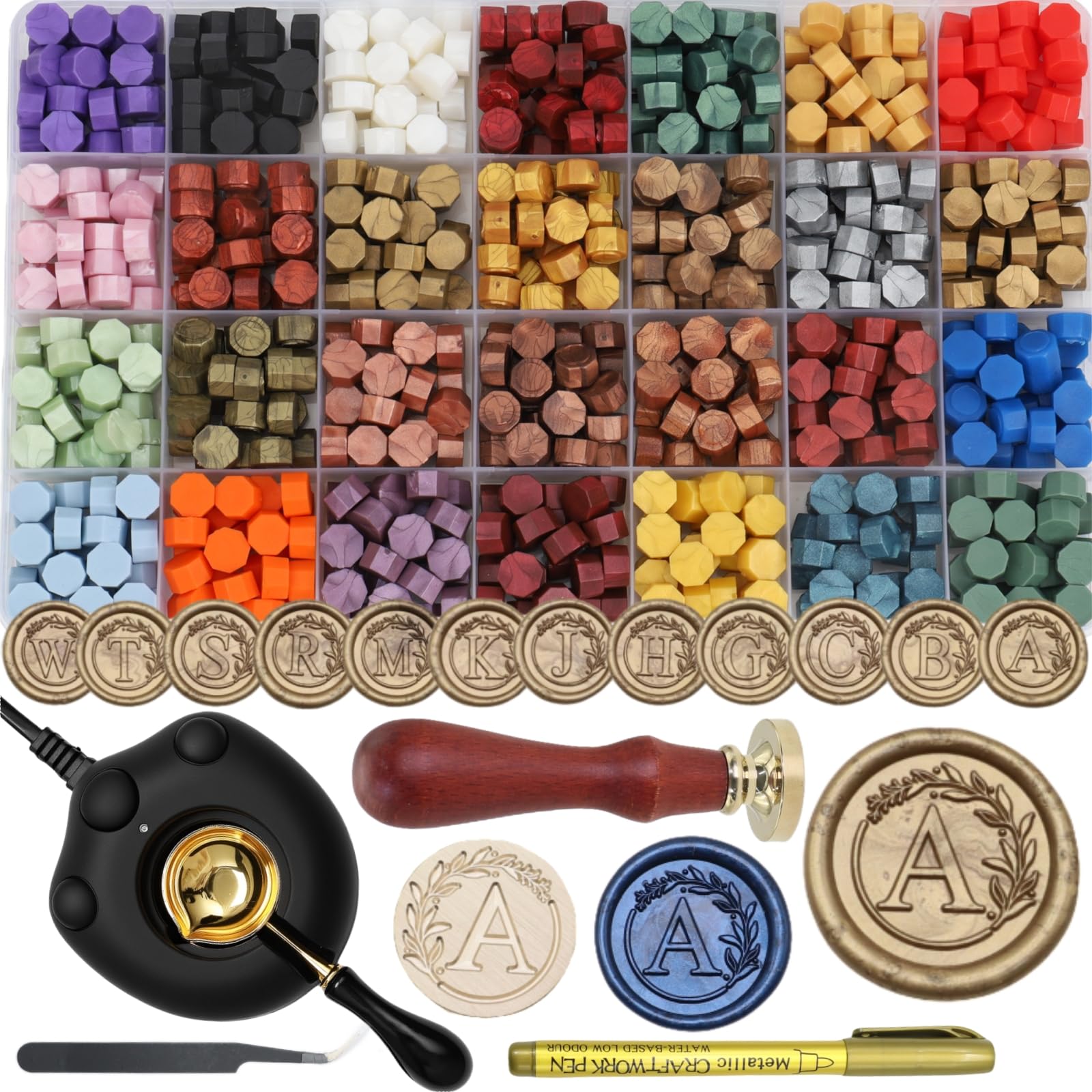 Kit di 732 timbri per ceralacca con scaldacera elettrico, timbro per sigillo con lettera dell'alfabeto A, perline in 28 colori assortiti, cucchiaio, kit di ceralacca (A)
