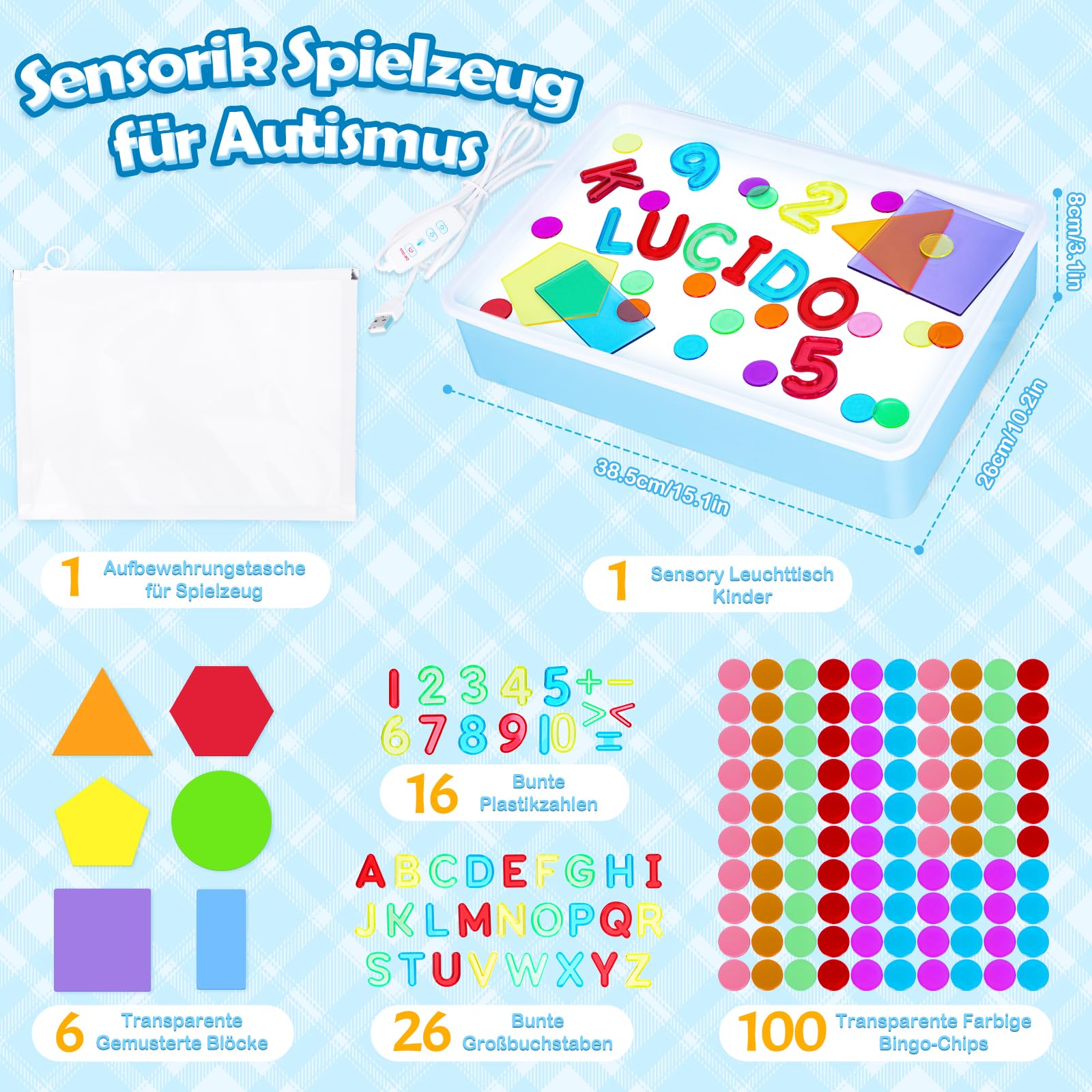 Yellcetoy Mesa de Luz Montessori, Juguetes Sensoriales Autismo, 149pcs Juegos de Juguetes Sensoriales Lúdicos Y Creativos, Juguetes Montessori Educativos Preescolares para 3 4 5 6 7 8 Niños
