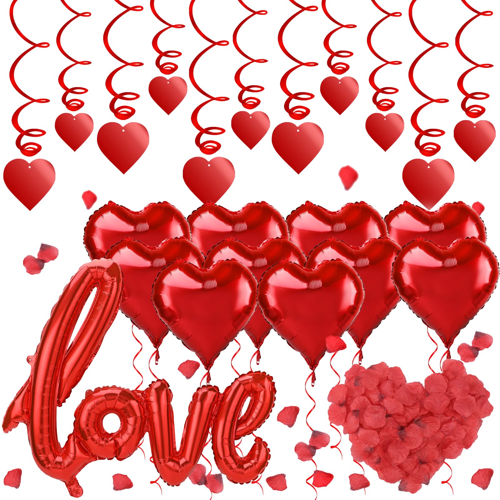 HOWAF Kit Romantico Decoracion San Valentin, 11 Globos Corazones Rojos Love Globos San Valentin, 500 Pétalos, 14 Guirnalda Corazones para Adornos San Valentin Decoracion Boda Aniversario Compromiso