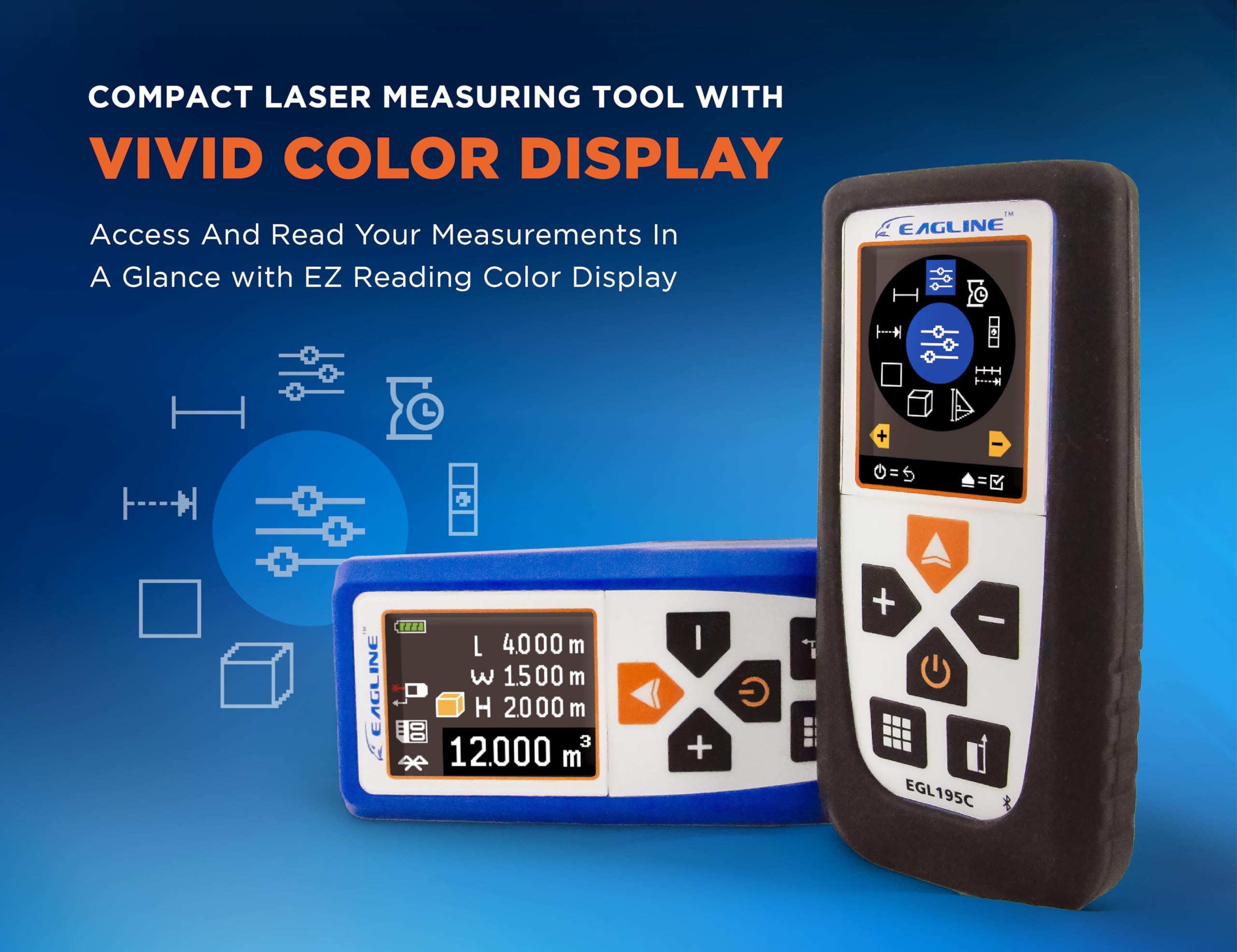 EGL195C - Medidor de distancia láser de 195 pies con Bluetooth, herramienta de medición láser ideal para área, volumen, mediciones de altura, nivel digital con bono: cubierta protectora y
