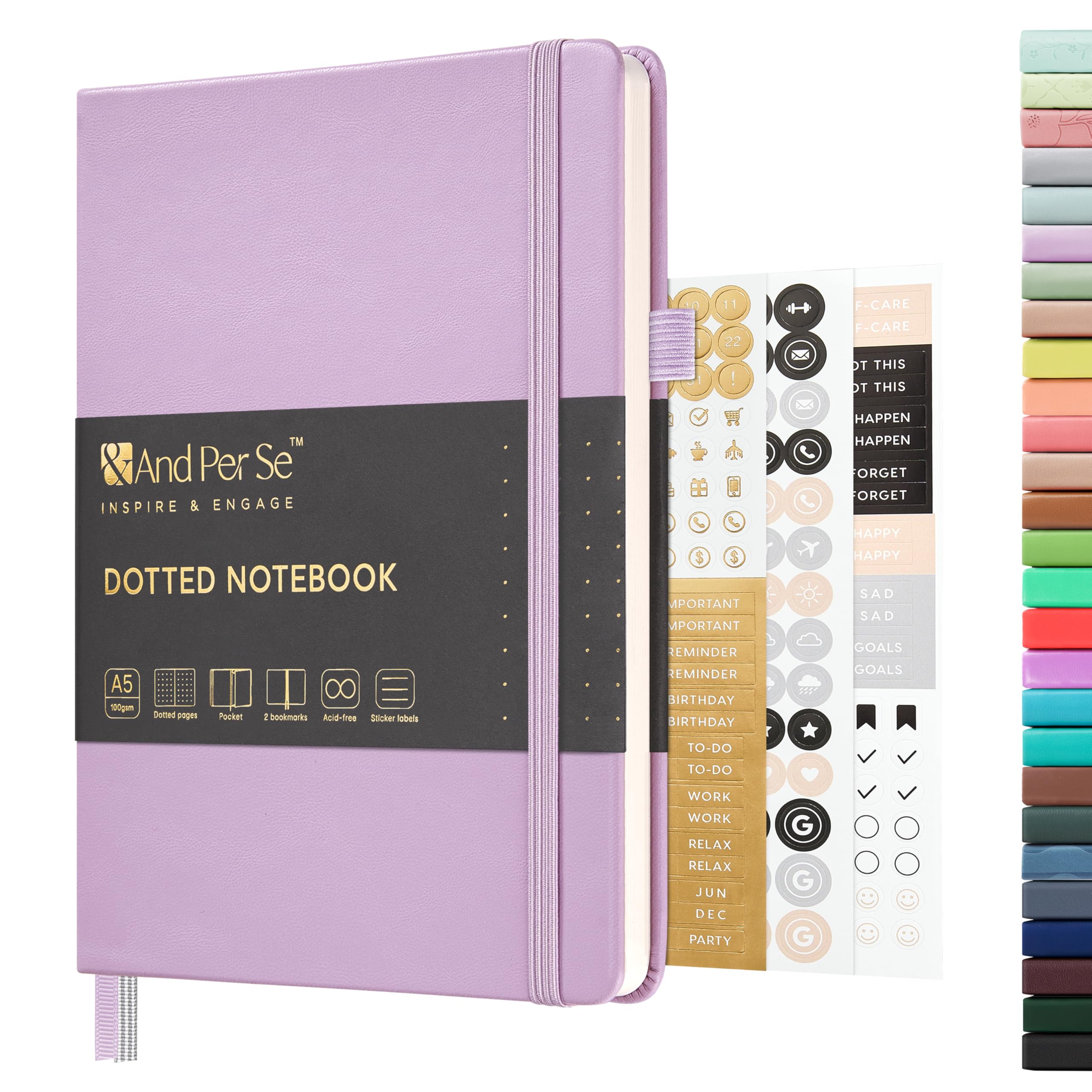 &And Per Se Gepunktetes Tagebuch, A5, Hardcover, Leder, Bullet Dotted Journal, 160 Seiten, 100 g/m² dickes Papier, 3 Bögen mit Aufklebern, 14 x 20 cm (Helles Lavendel)