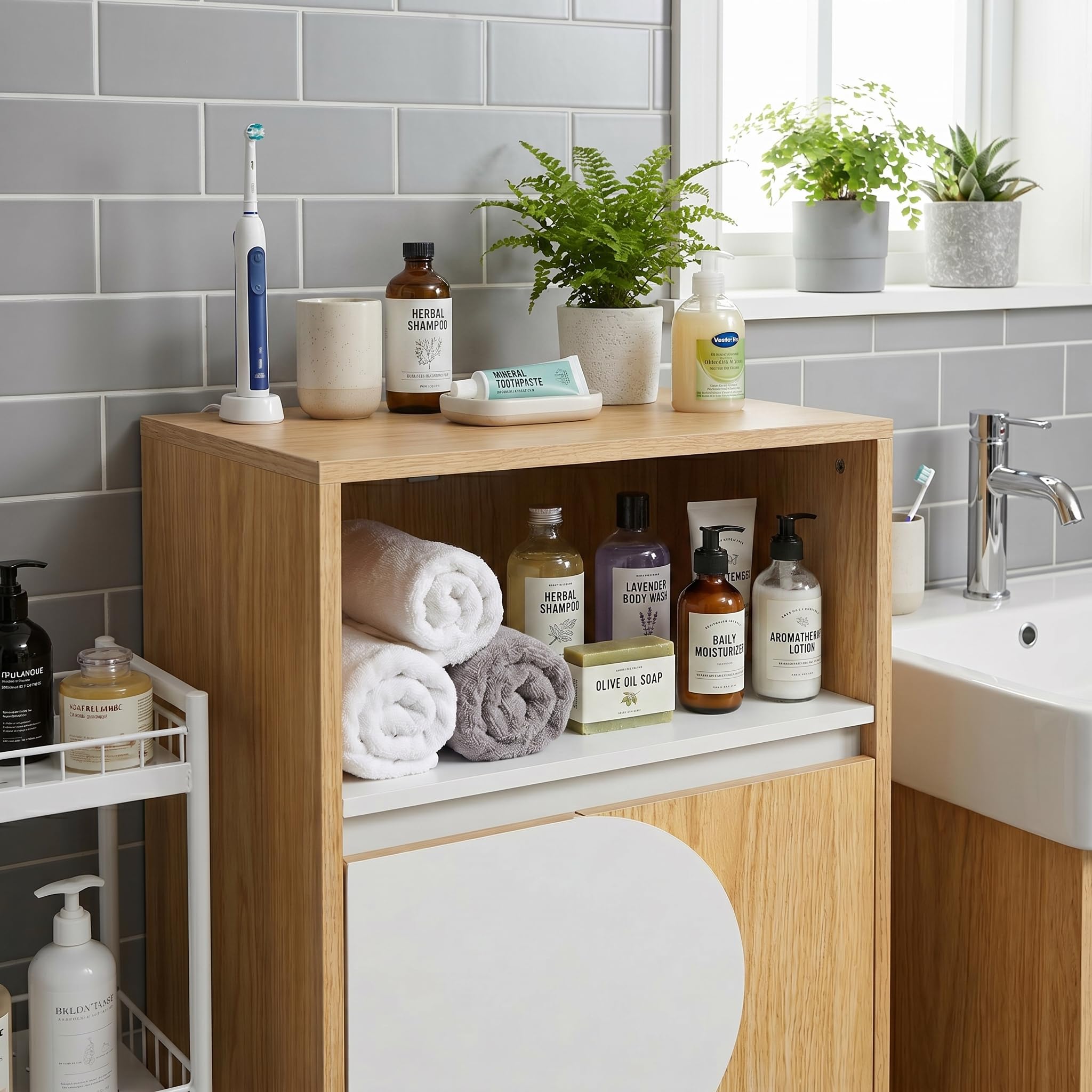 Hometopia Badezimmerschrank 85cm schmal, Badregal mit Tür | verstellbare Regalböden, Eichenoptik, freistehend, Holz, vielseitig für Bad, Wohnzimmer & Flur, 30x40x85 cm, pflegeleicht