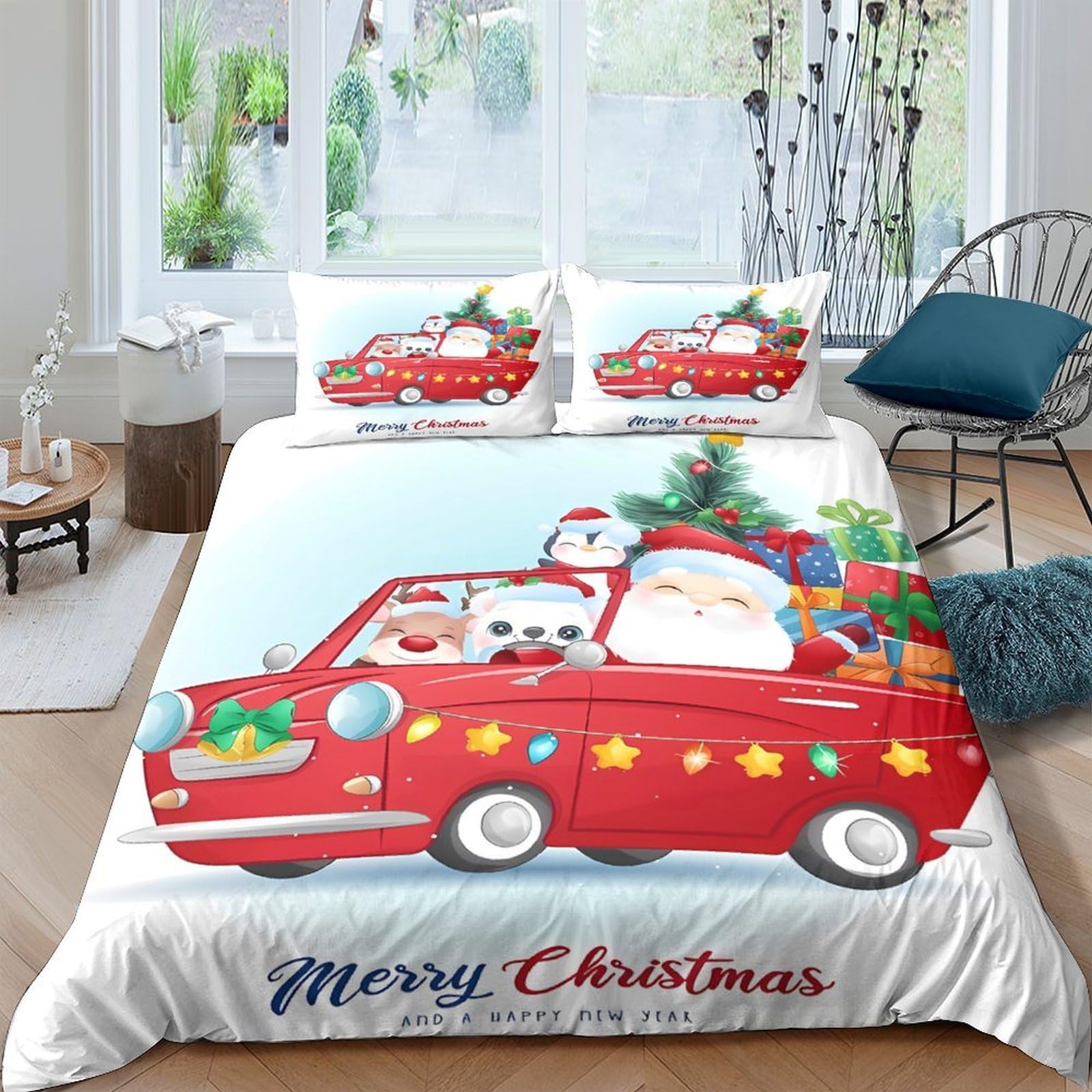 Ctjqhvkz Style-3 3D Printed Christmas Red Car Fitted Sheet Microfiber Soft Santa Claus Mattress Cover For Bedroom Dorm Decor, Washable Single（135X200cm）
