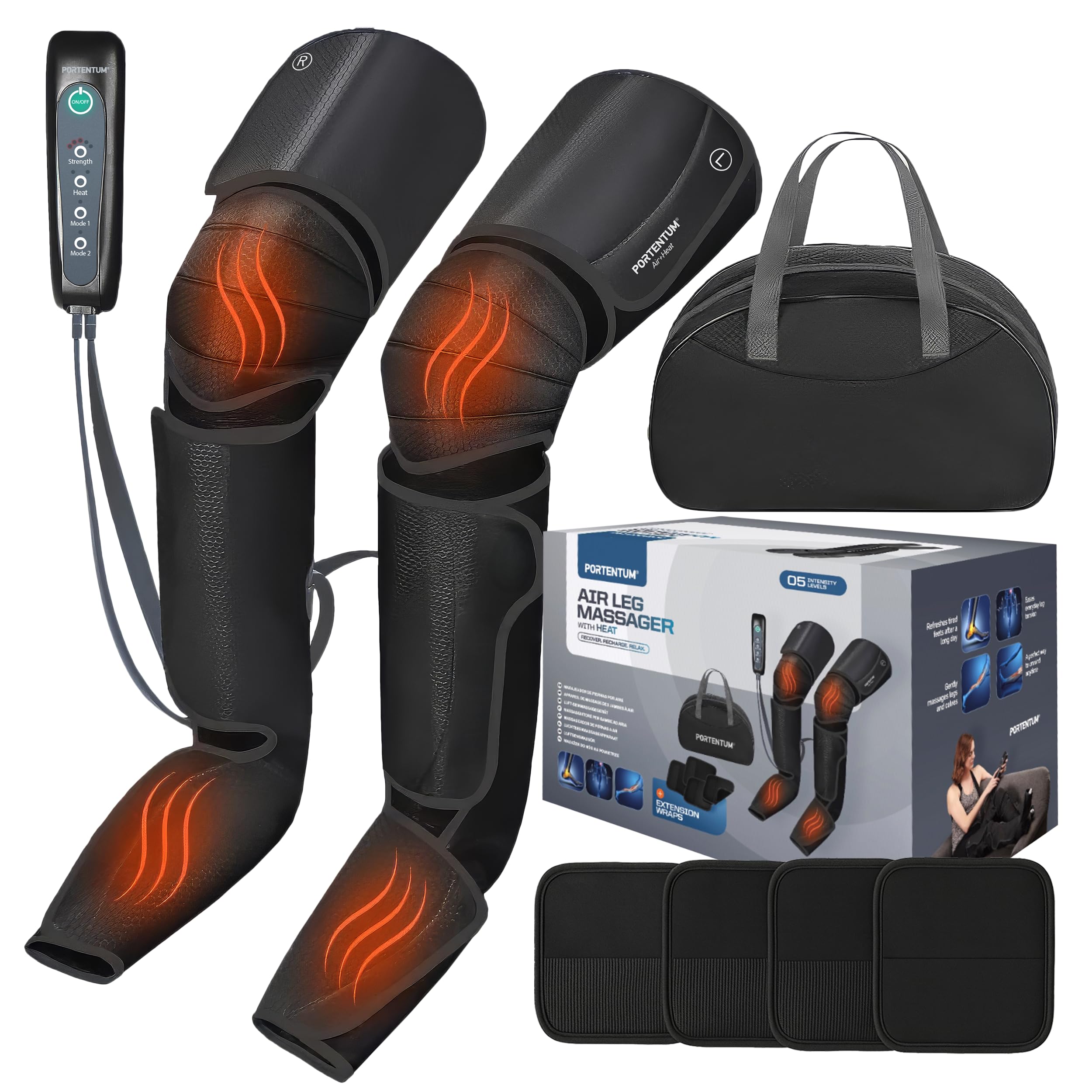 PORTENTUM Botas de presoterapia para casa con calor regulable – Masajeador piernas con 5 niveles de compresión de aire – Mando – Alivia piernas cansadas y mejora la circulación – Bolsa transporte