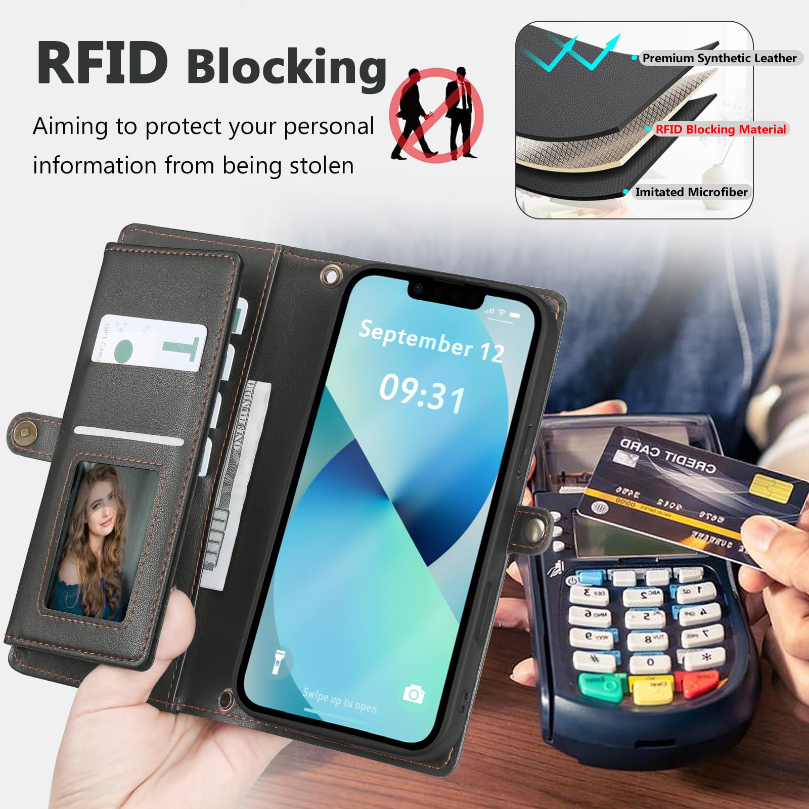 Custodia a portafoglio per iPhone 13 con porta carte di credito/portafoglio a tracolla/cinturino, blocco RFID, magnetica, cavalletto, staccabile, custodia in pelle PU per iPhone 5,2 pollici