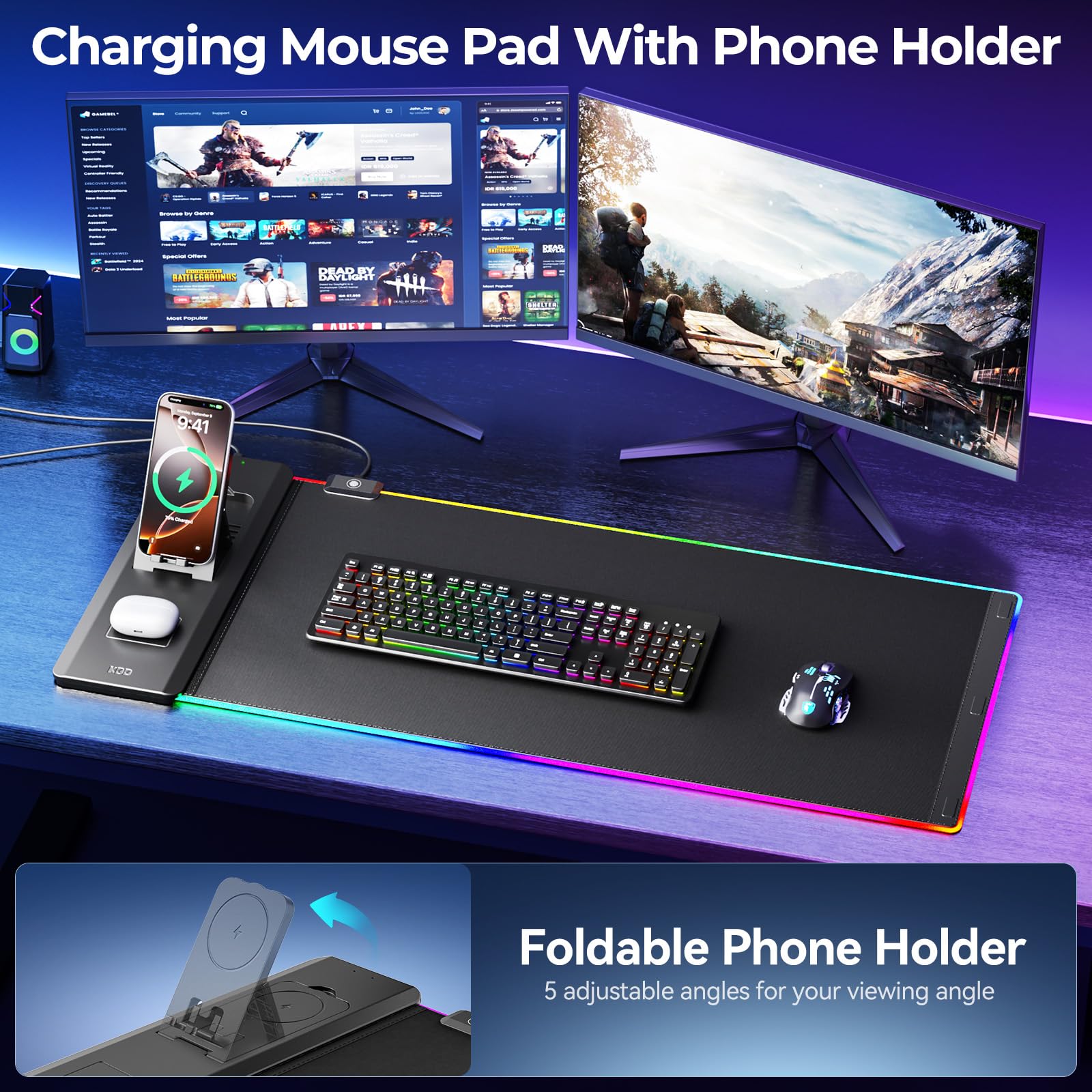 KDD Tappetino per Mouse con Supporto Telefono - Tappetino da Scrivania con Ricarica Wireless Rapida da 15 W - Sottomano da Gioco con Superficie Ultra Liscia, Base Antiscivolo, Accessori da Scrivania