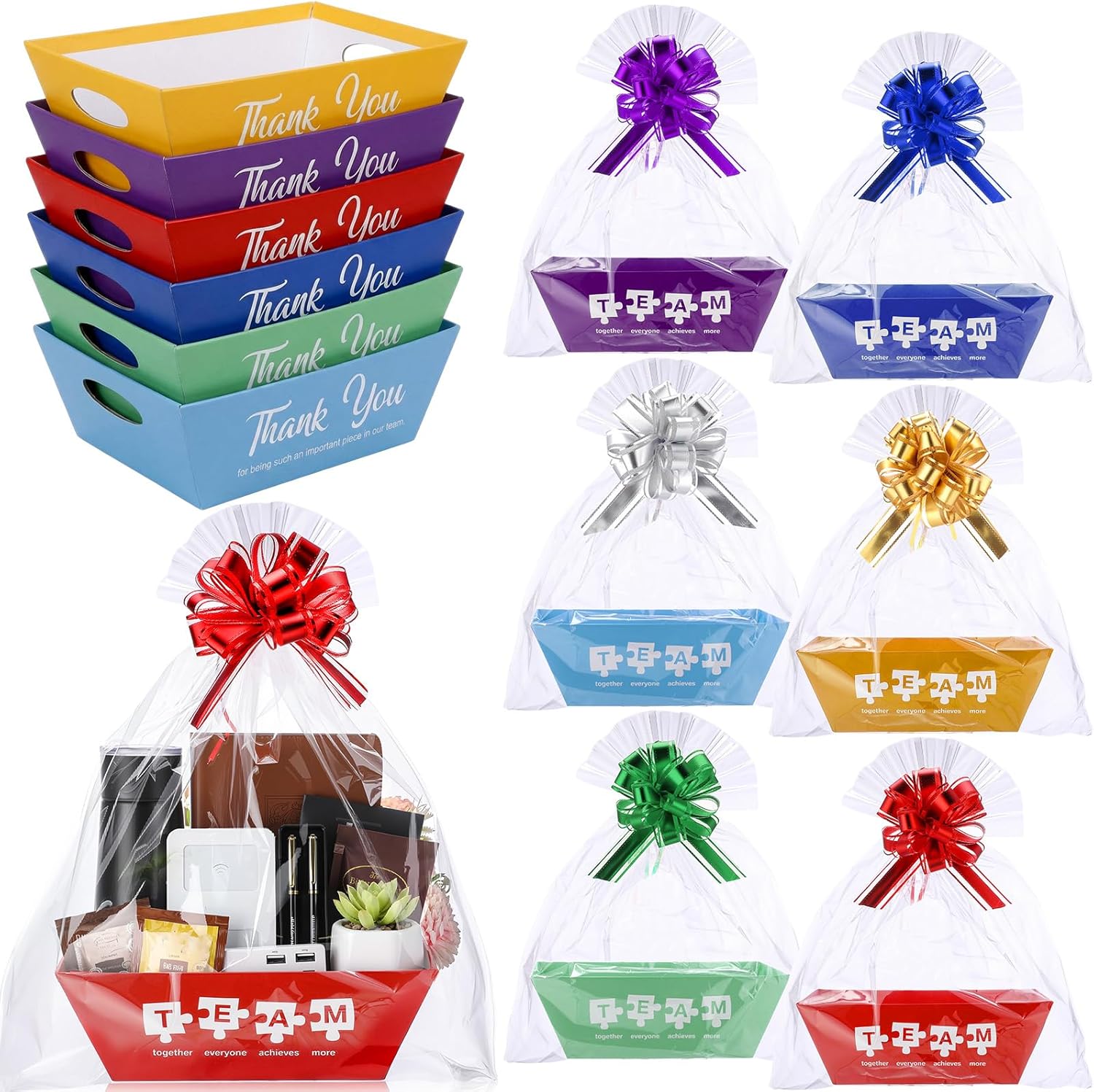 Tenceur 24 Set Empty Baskets for Team Appreciation Gifts - Bulk Gift Basket Kit with Pull Bows & Plastic Bags DIY Cardboard Tray for Team Employee Teacher Coworker Nurse Present(Classic,Bright Color)