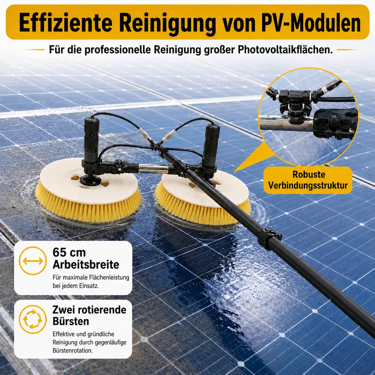 Kit de brosse de nettoyage pour panneau solaire extérieur avec tige télescopique de 7,5 m, tuyau d'eau de 29 m, cordon d'alimentation de 17 m, tête de brosse double rotative de 65 cm