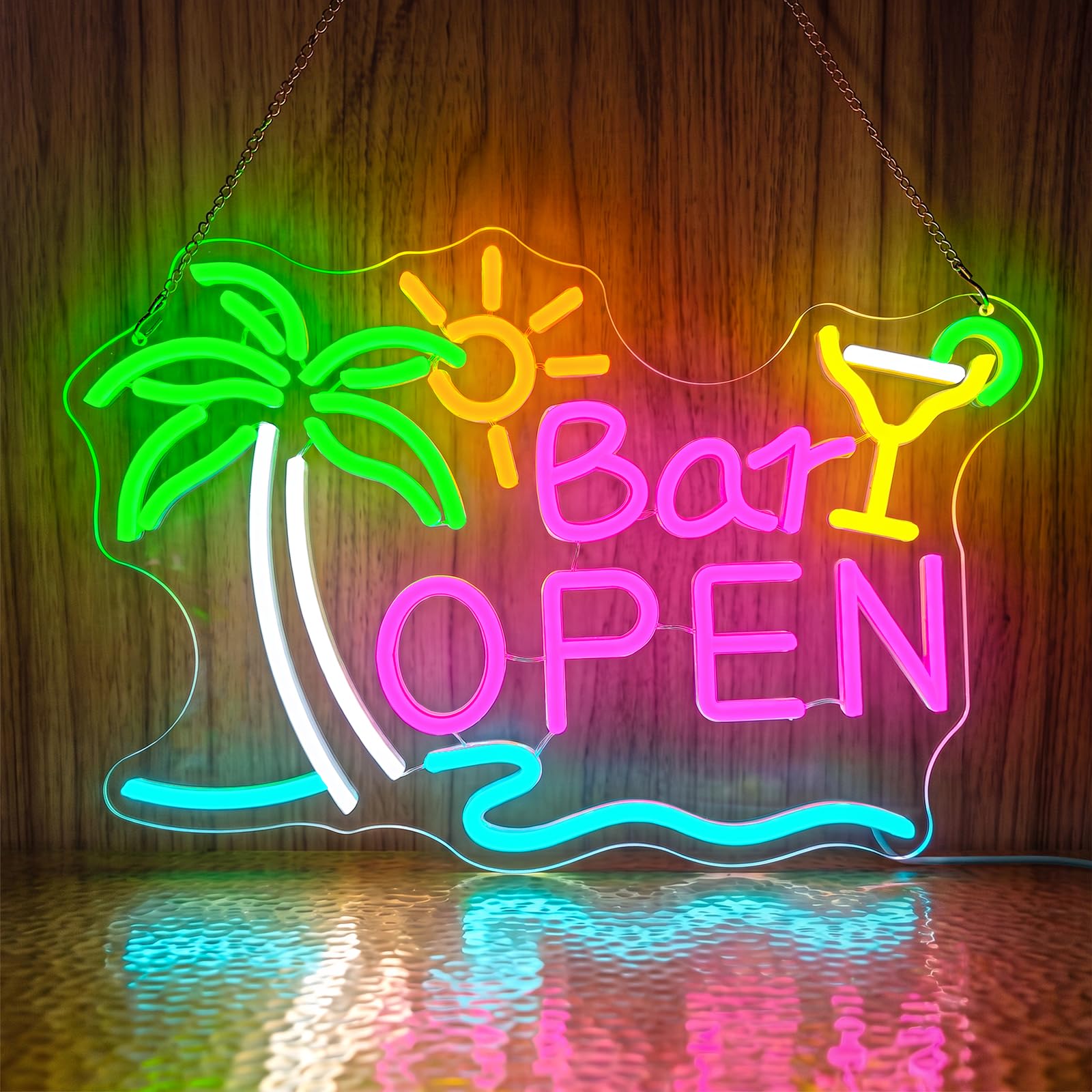 Bar Open Neon Sign for Wall Decor, Tropical Palm Tree LED Neon Light with Cocktail Glass, USB Powered Dimmable Neon Sign for Home Bar, Tiki Bar, Pub, Lounge, Beach Decor
