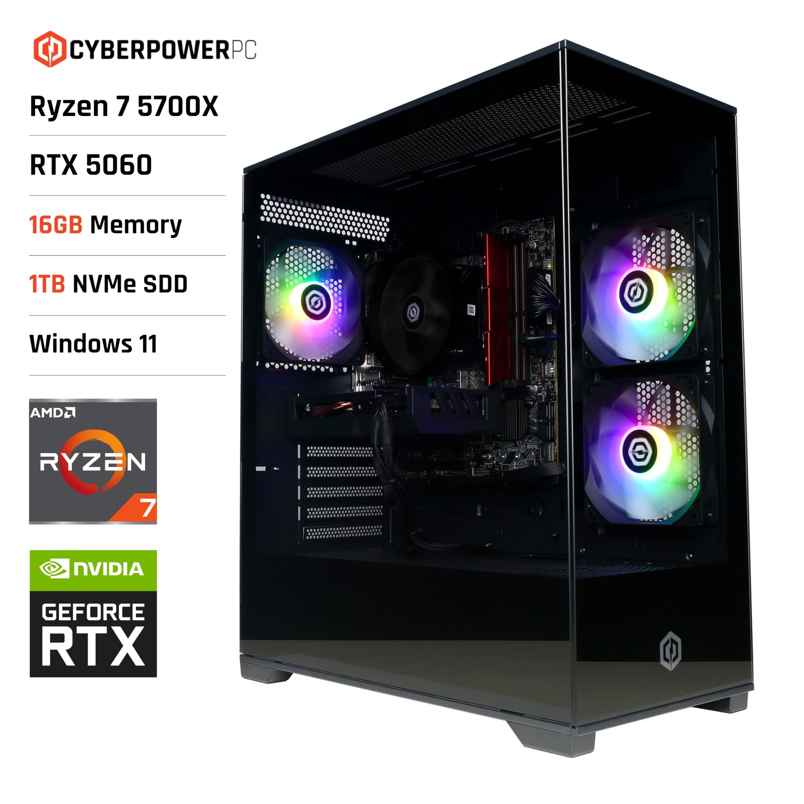 CyberPowerPC Wyvern Gaming PC - AMD Ryzen 7 5700X, Nvidia RTX 5060, 16GB RAM, 1TB NVMe SSD, 650W PSU, Wi-Fi, Windows 11, Prism Panoramic Black — view 2