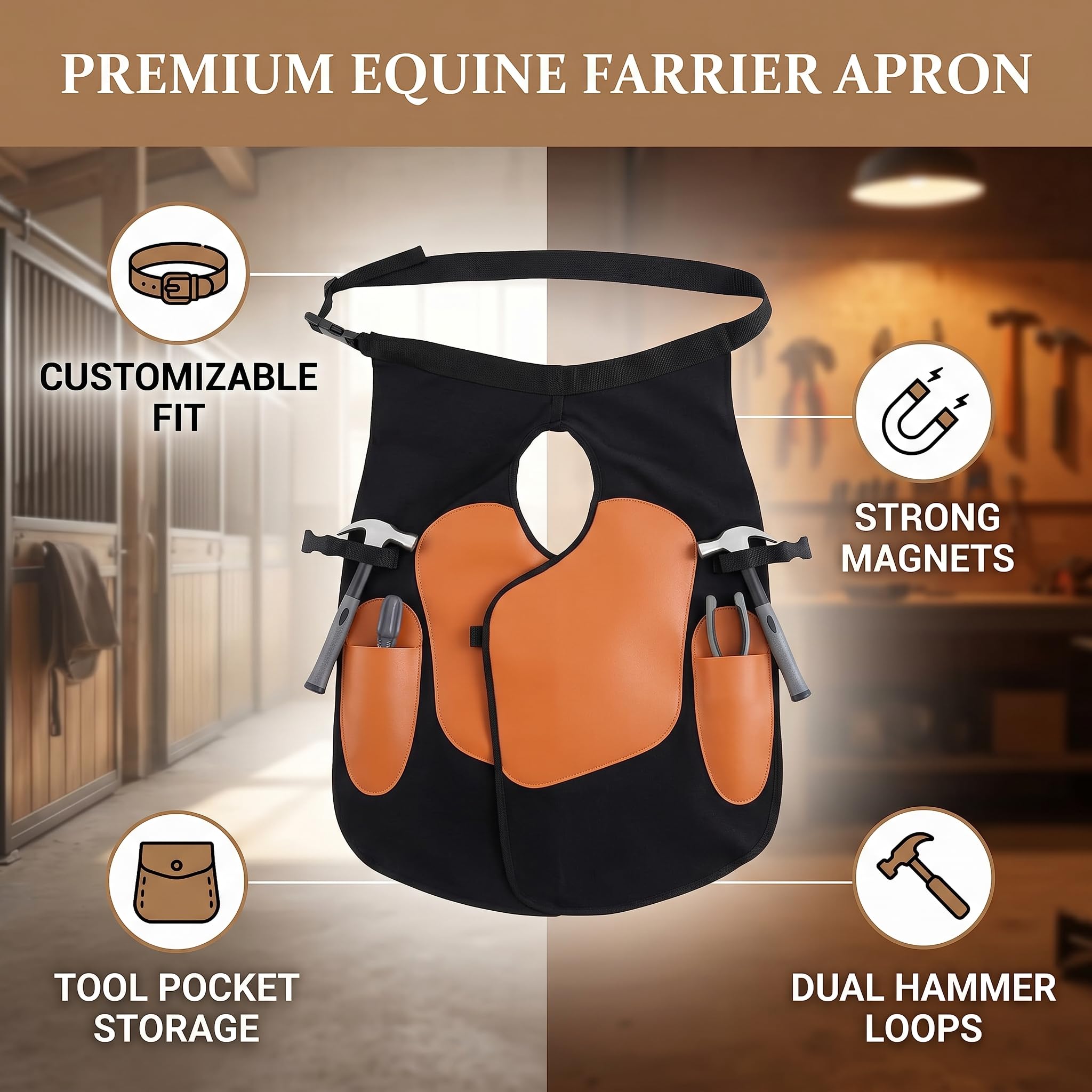 Yctze Delantal para cascos, Herramientas de herrador Con Piel de vaca, gamuza, lino Cinturón ajustable Ergonómico Delantal para el cuidado de los cascos Para herrar y cuidar los cascos