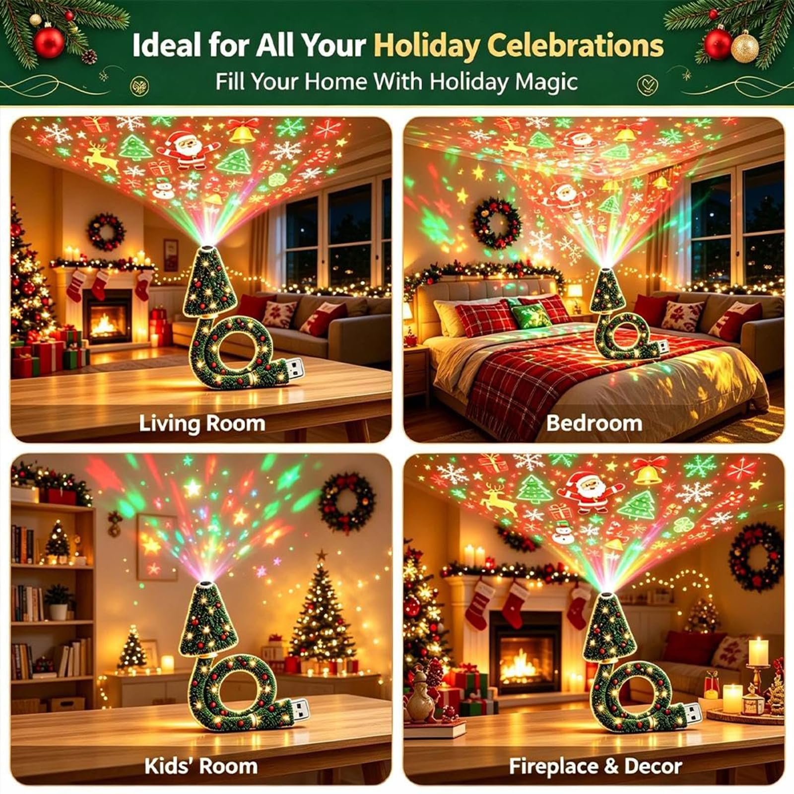 Proiettore luminoso natalizio, luce notturna a forma di albero di Natale con proiezione a soffitto e oltre 6 motivi festivi; ideale per camera da letto, soffitto, scrivania e decorazioni (2pcs)