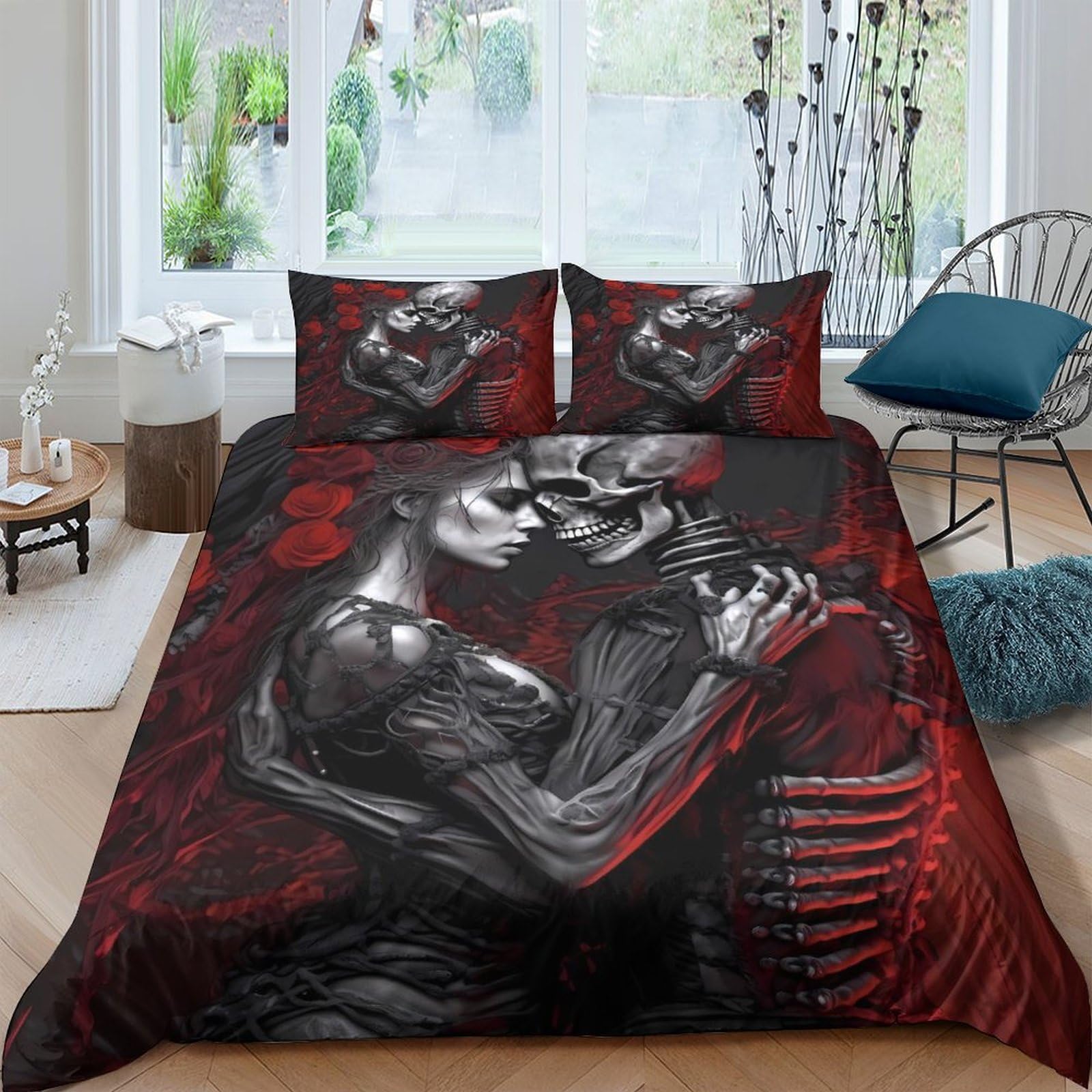 Ctjqhvkz Style-1 3D Printed Gothic Skeleton Fitted Sheet Microfiber Black Red Skull Mattress Cover For Bedroom Dorm Decorative Protection Single（135X200cm）