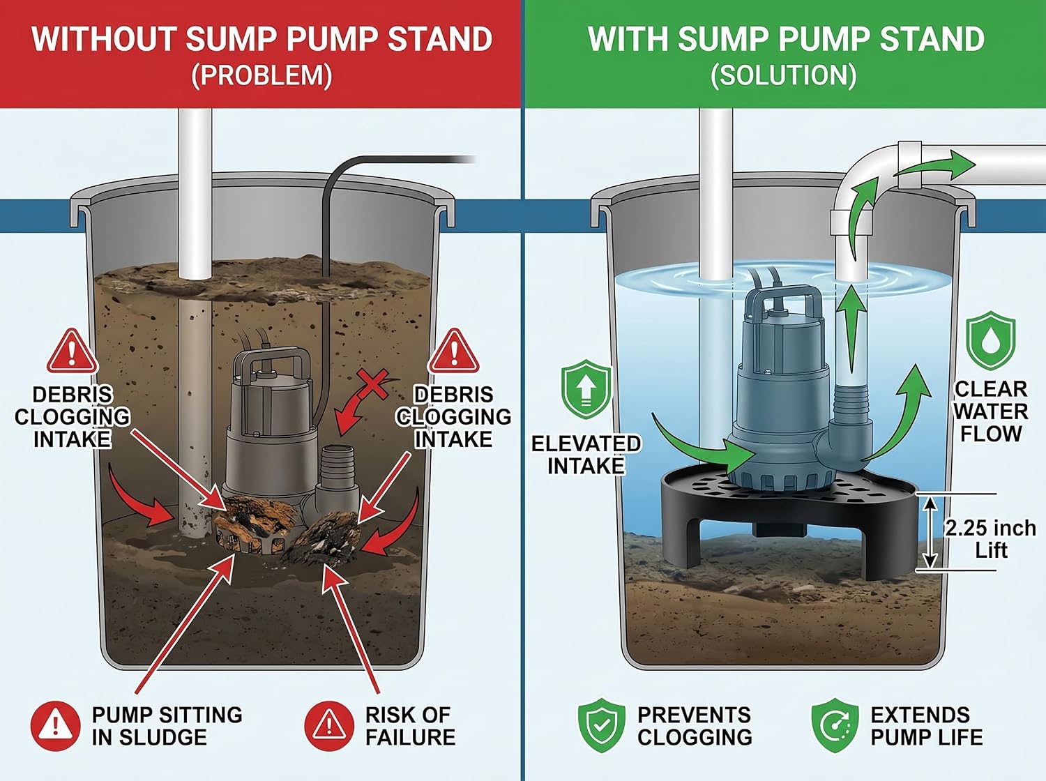 Sump Pump Stand, 2.25" High Universal Pump Riser with Reusable Heavy-Duty Cable Ties - Anti-Clog Design Prevents Sediment & Silt Buildup - Durable Corrosion-Proof Base for Basin, Pond & Septic Tank