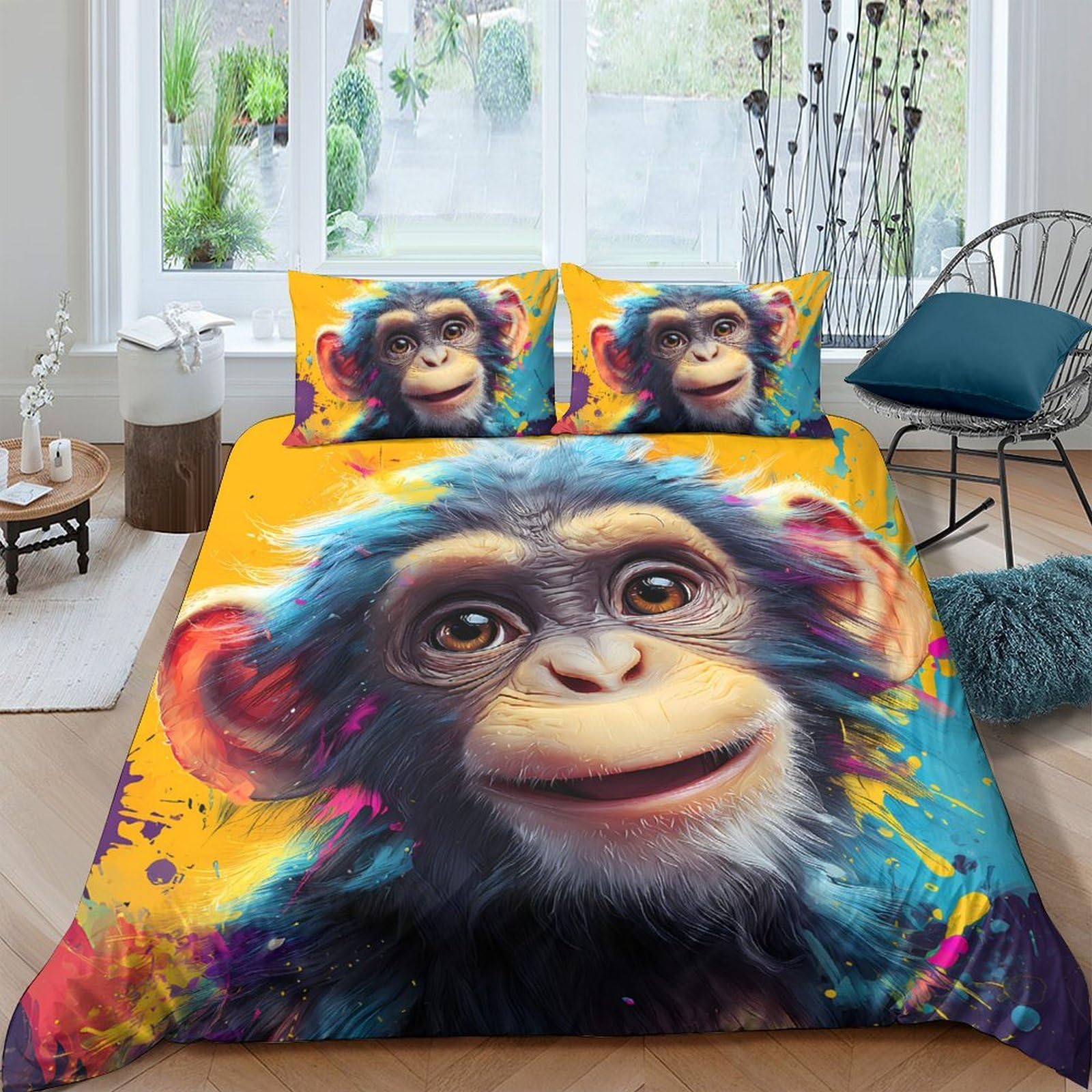 GPLZQXKJNH 3D Printed Colourful Monkey Duvet Cover Set Microfiber Soft Breathable Chimpanzee Bedding Set with 2 Pillowcases for Bedroom Home Single（135x200cm）