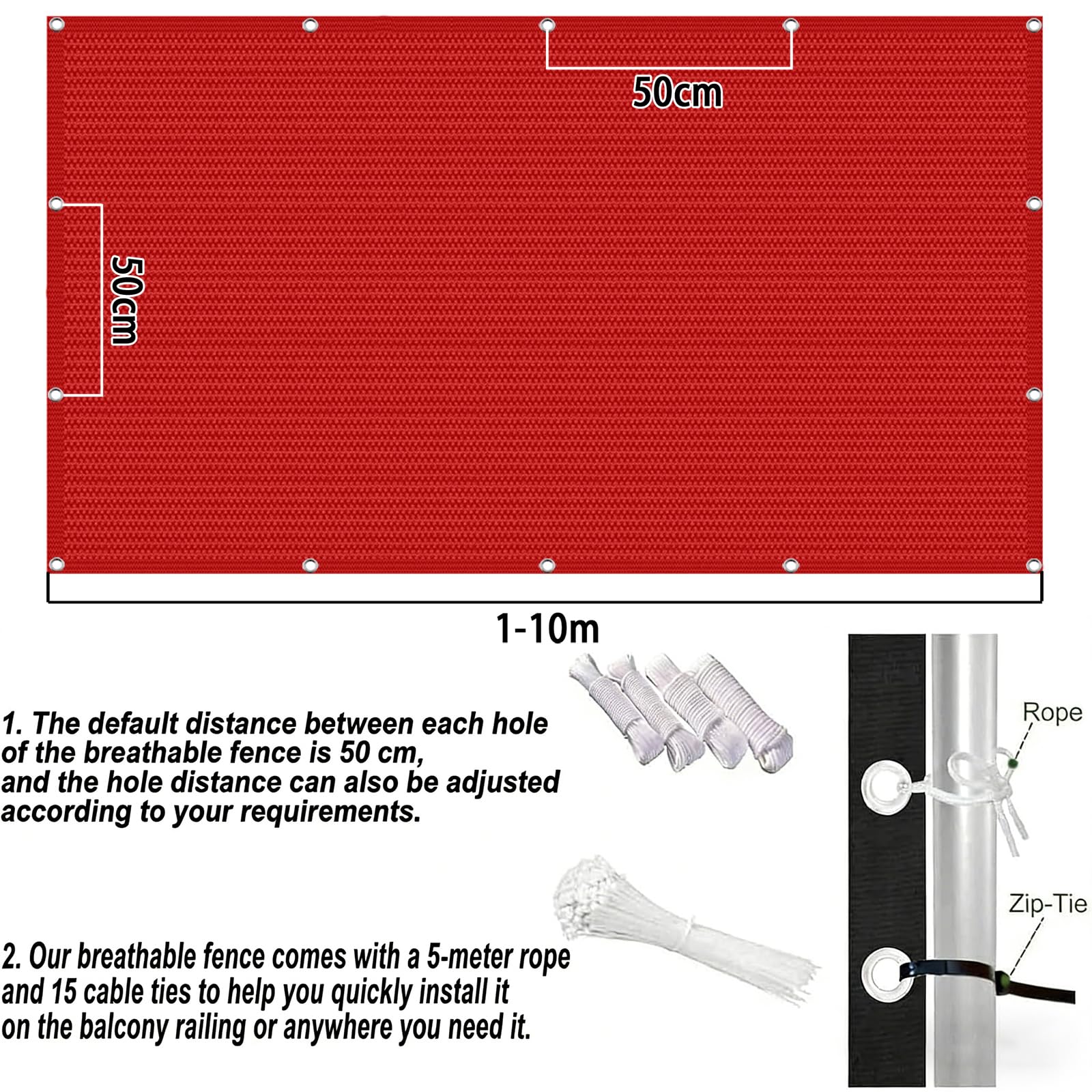 Copri Balcone 120 x 700 cm in HDPE 220G ㎡, Permeabile, Anti-Uv, Frangivento, Protezione Solare, Privacy Recinzione Copertura con Fascette e Funi para Exterior Terraza, Rosso